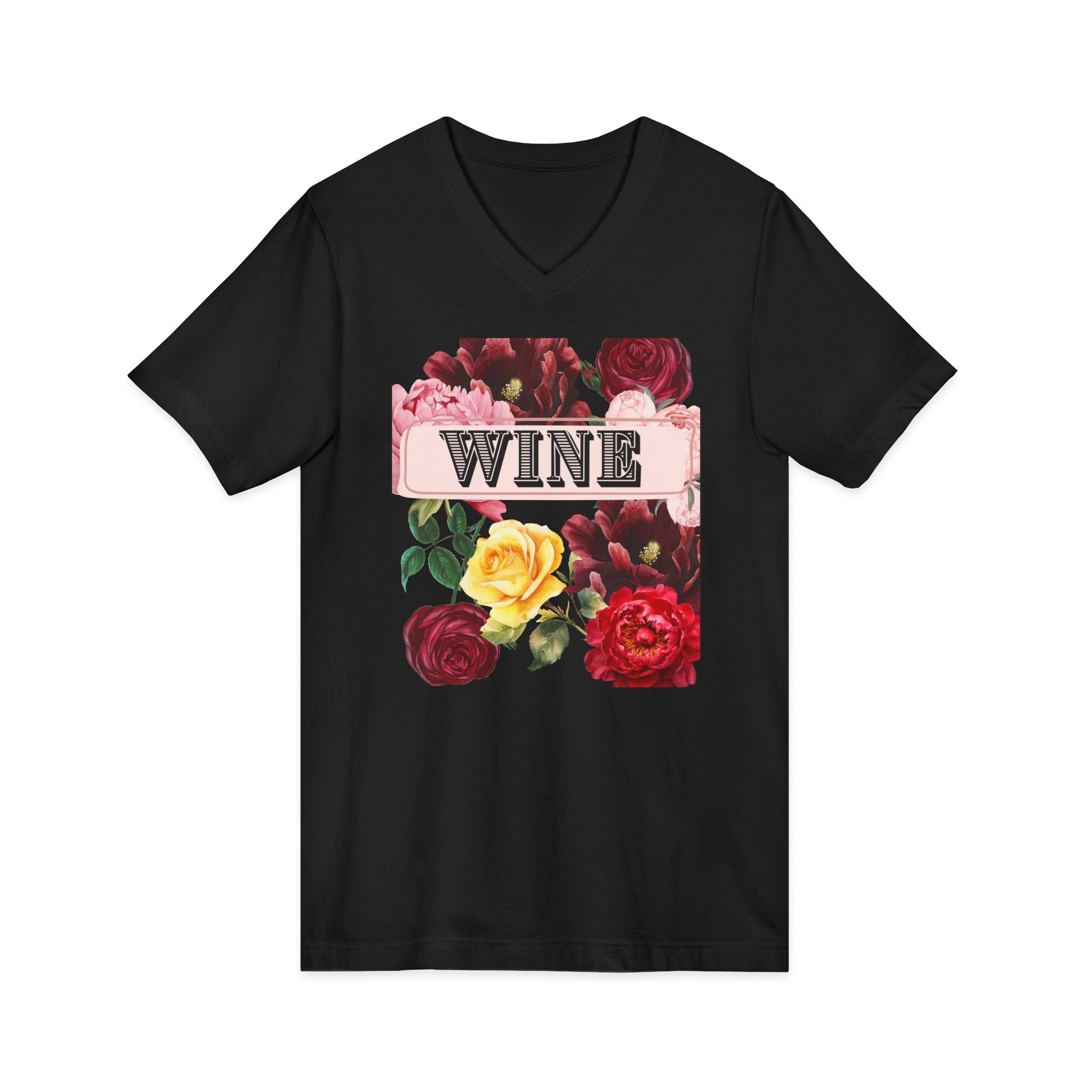 Wine Themed Floral V-Neck Tee for Wine Lovers