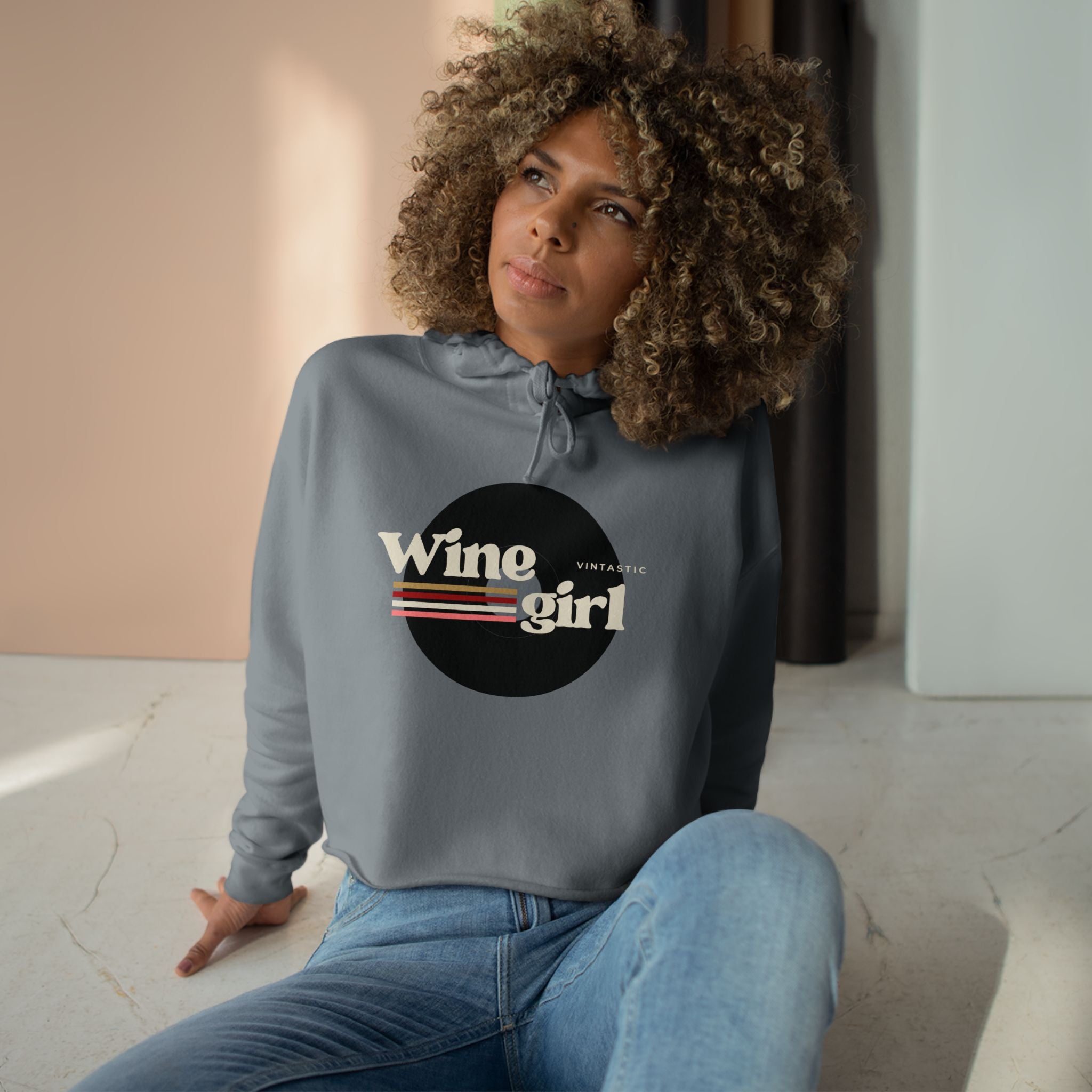 Wine Girl Vintastic Crop Hoodie — White Logo Cropped Pullover