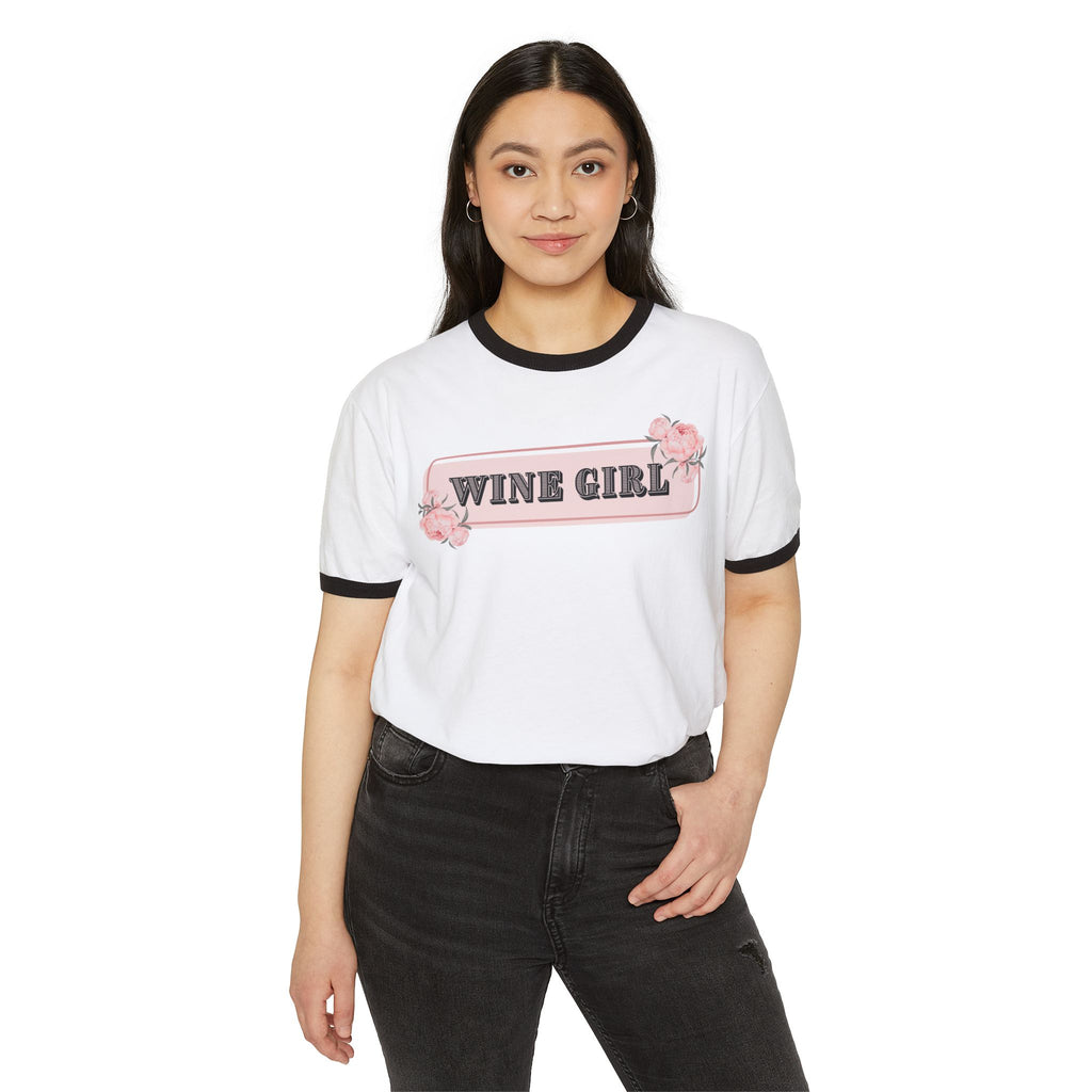 Wine Girl Retro Unisex Cotton Ringer T-Shirt