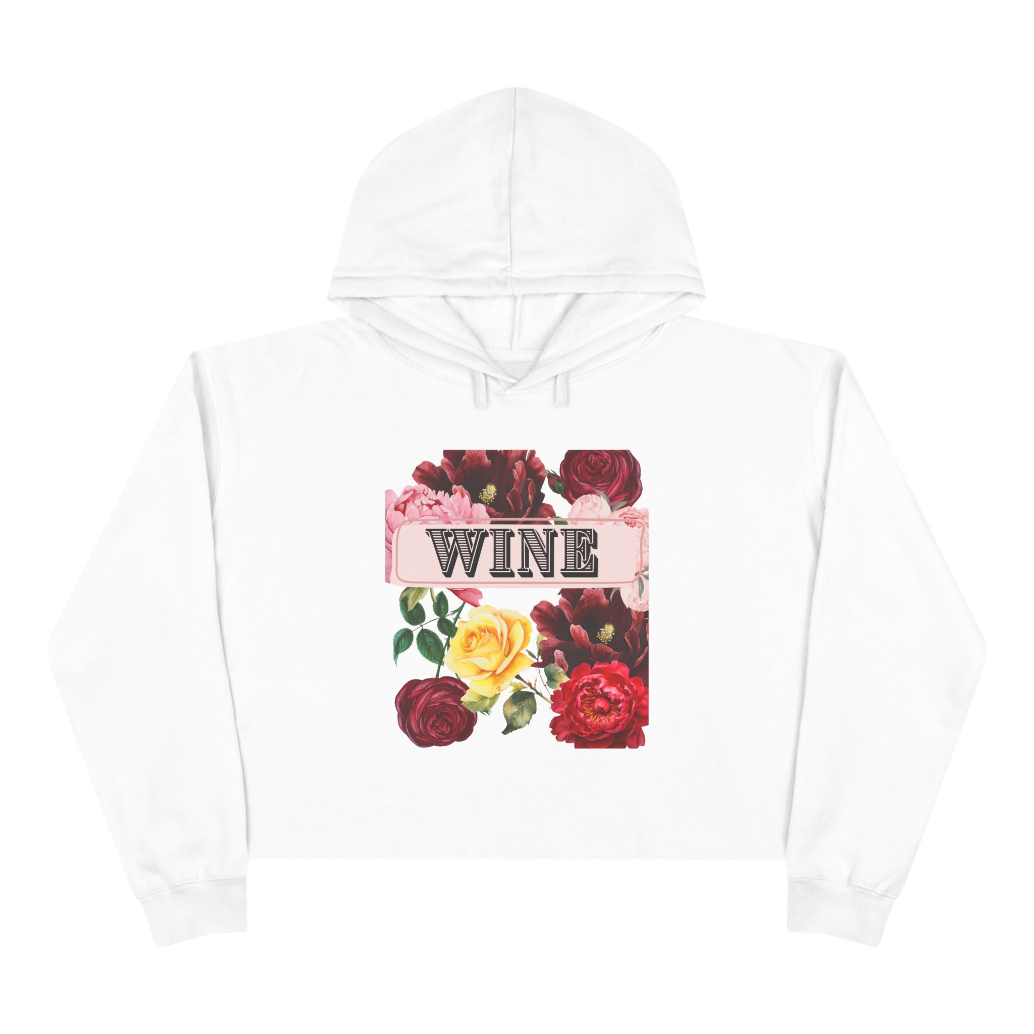 Wine Floral Crop Hoodie — Vintage Rose Wine Graphic Cropped Hoodie
