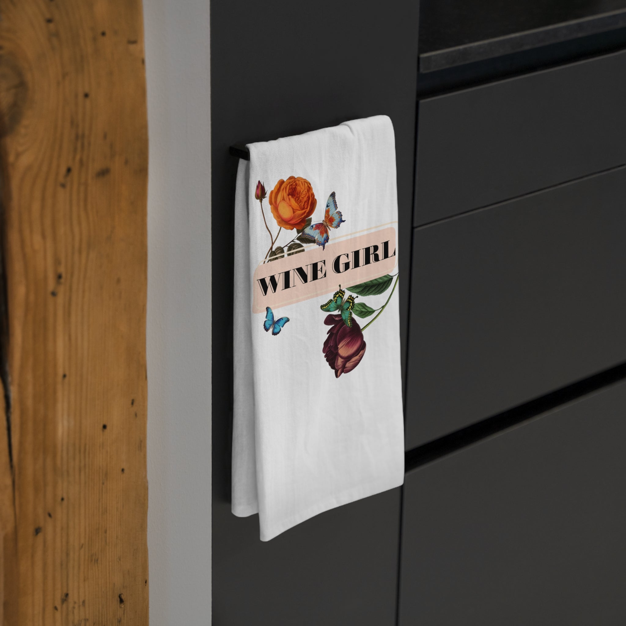 Wine Girl Floral Tea Towel — Decorative Kitchen Towel with Roses & Butterflies