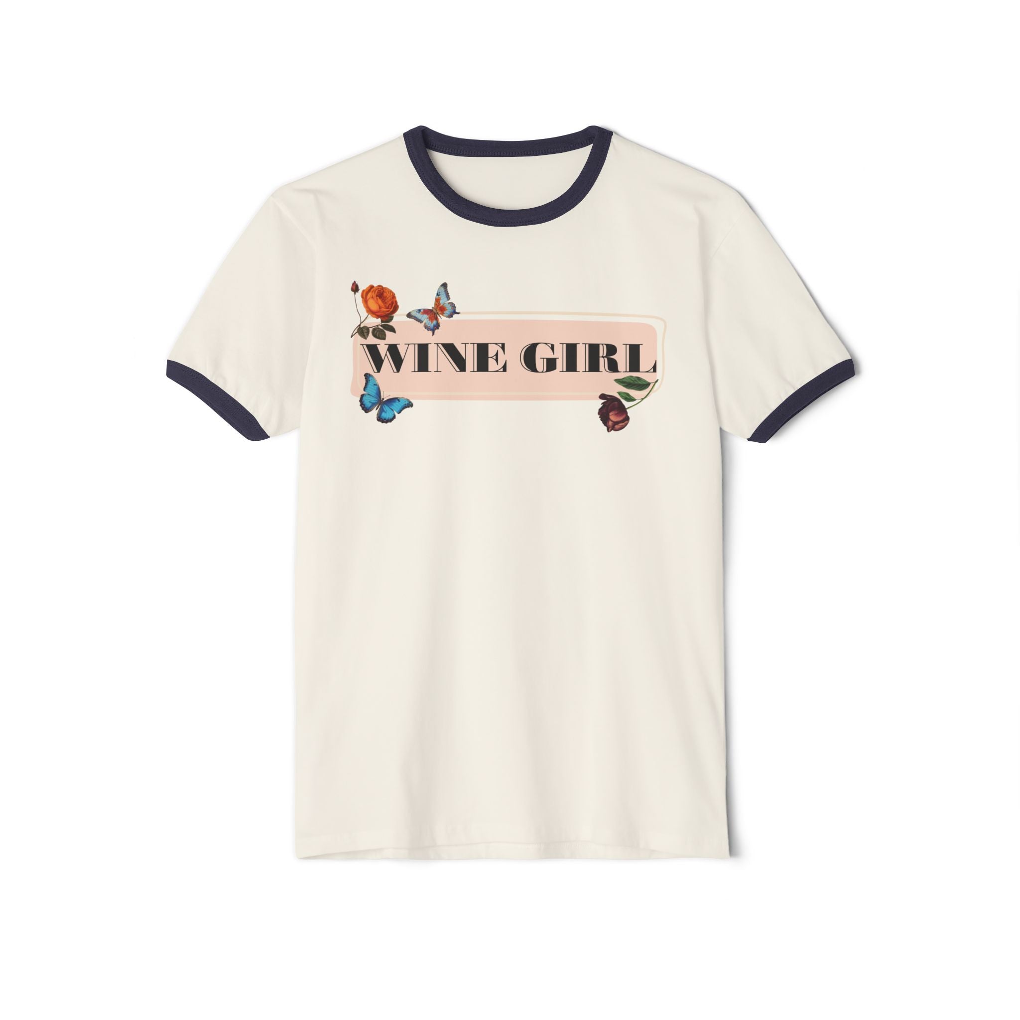 Wine Girl Ringer T-Shirt — Floral Butterfly Retro Vibe
