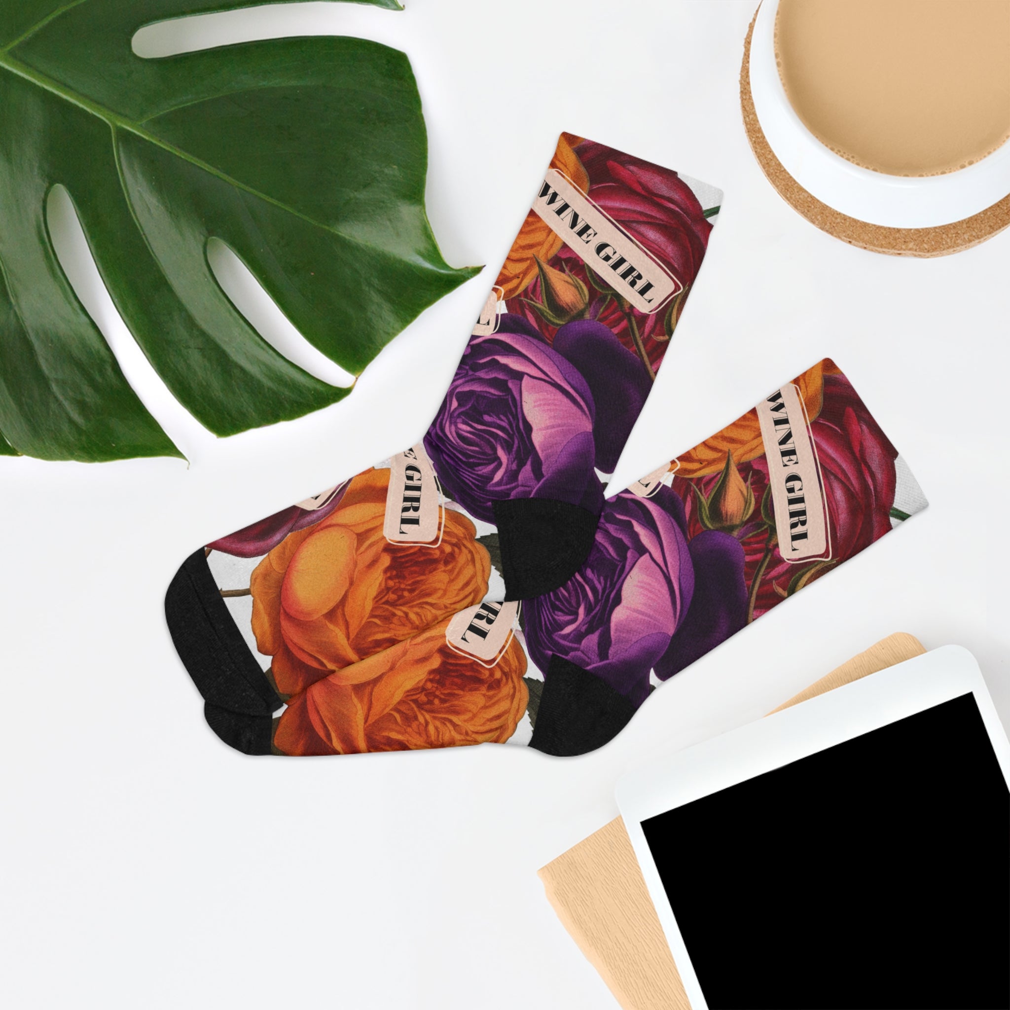 Wine Girl Floral Socks — Colorful Rose Pattern Recycled-Poly Crew Socks