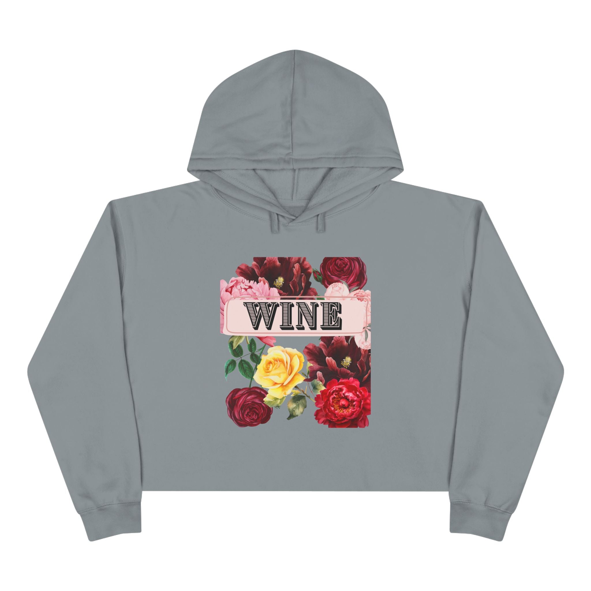 Wine Floral Crop Hoodie — Vintage Rose Wine Graphic Cropped Hoodie