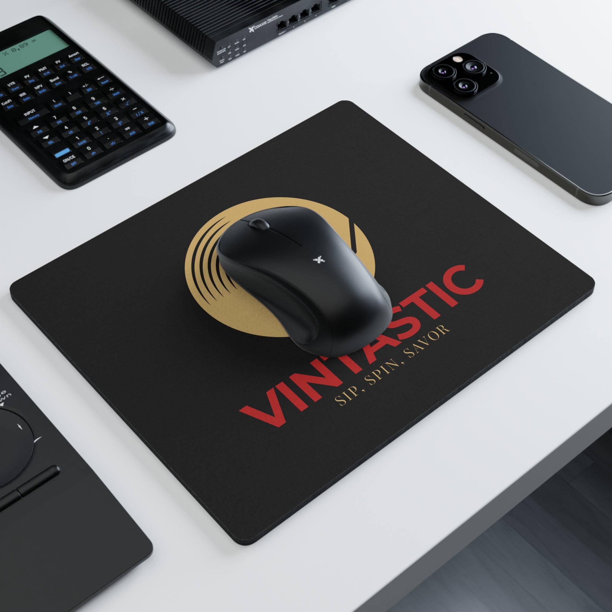 Vintastic Mouse Pad — Retro Vinyl Wine Logo, 'Sip, Spin, Savor' Desk Mat