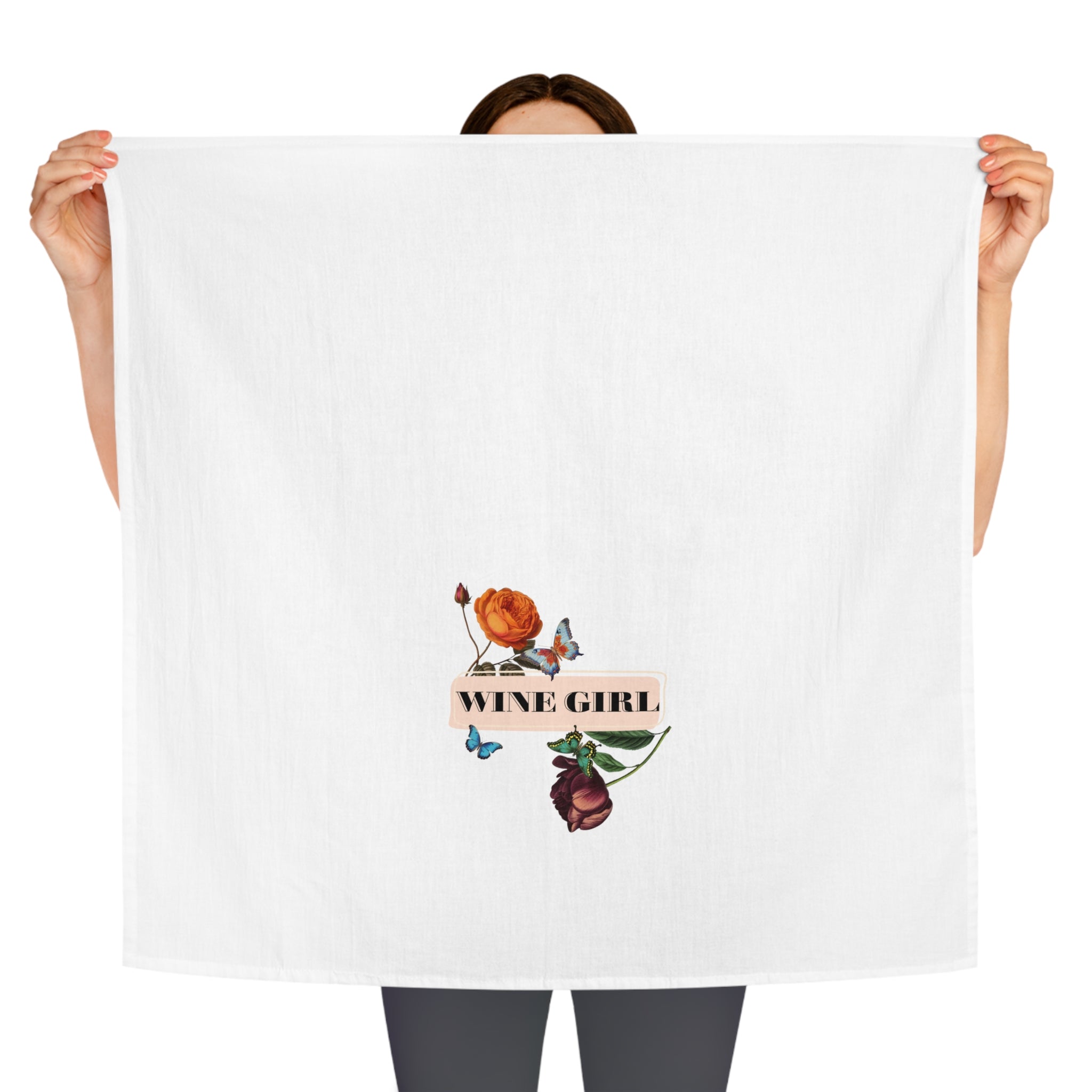 Wine Girl Floral Tea Towel — Decorative Kitchen Towel with Roses & Butterflies