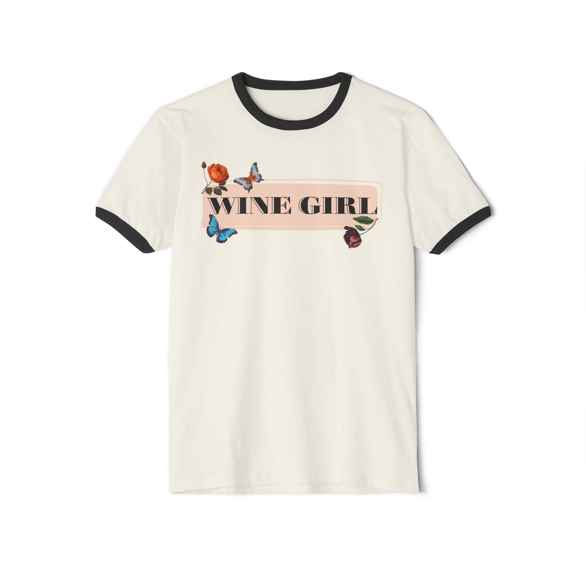 Wine Girl Ringer T-Shirt — Floral Butterfly Retro Vibe