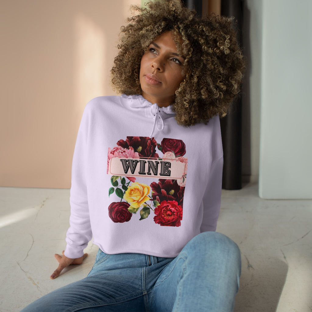 Wine Floral Crop Hoodie — Vintage Rose Wine Graphic Cropped Hoodie