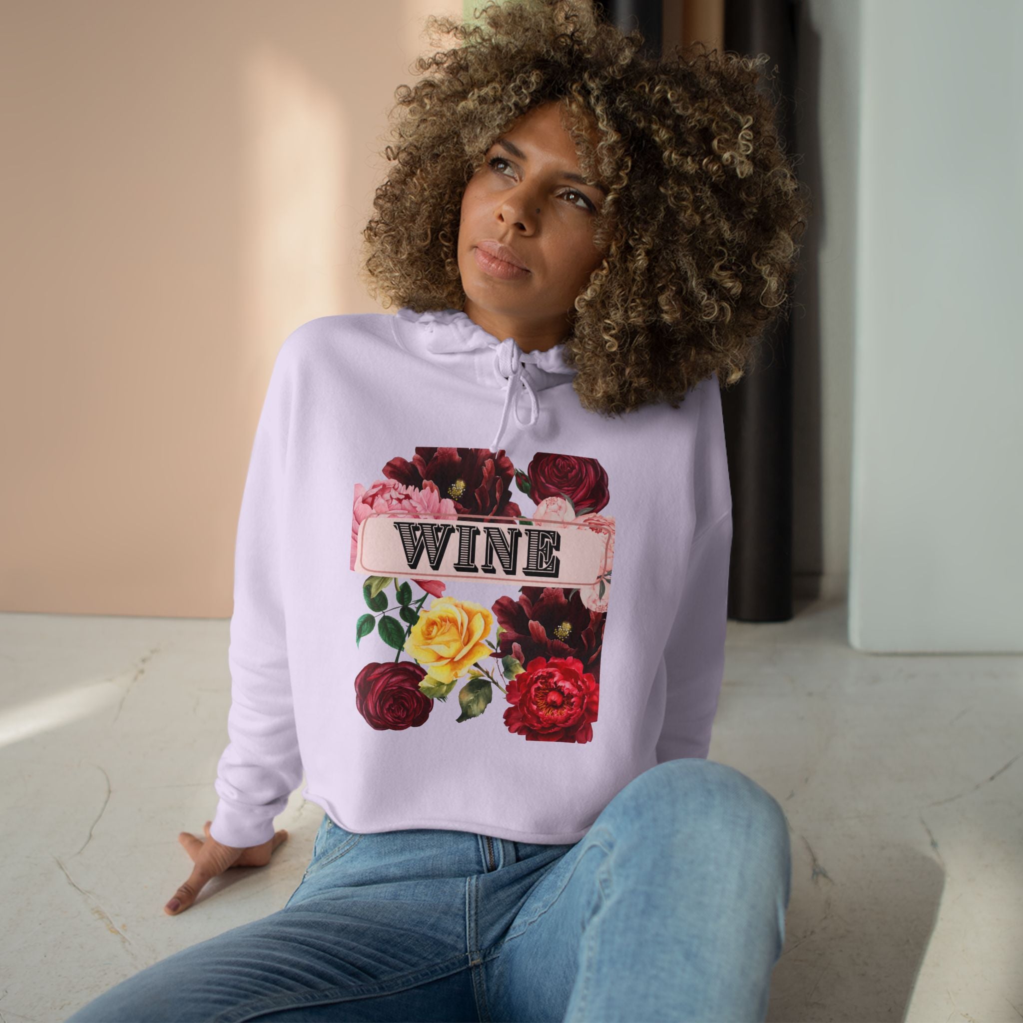 Wine Floral Crop Hoodie — Vintage Rose Wine Graphic Cropped Hoodie