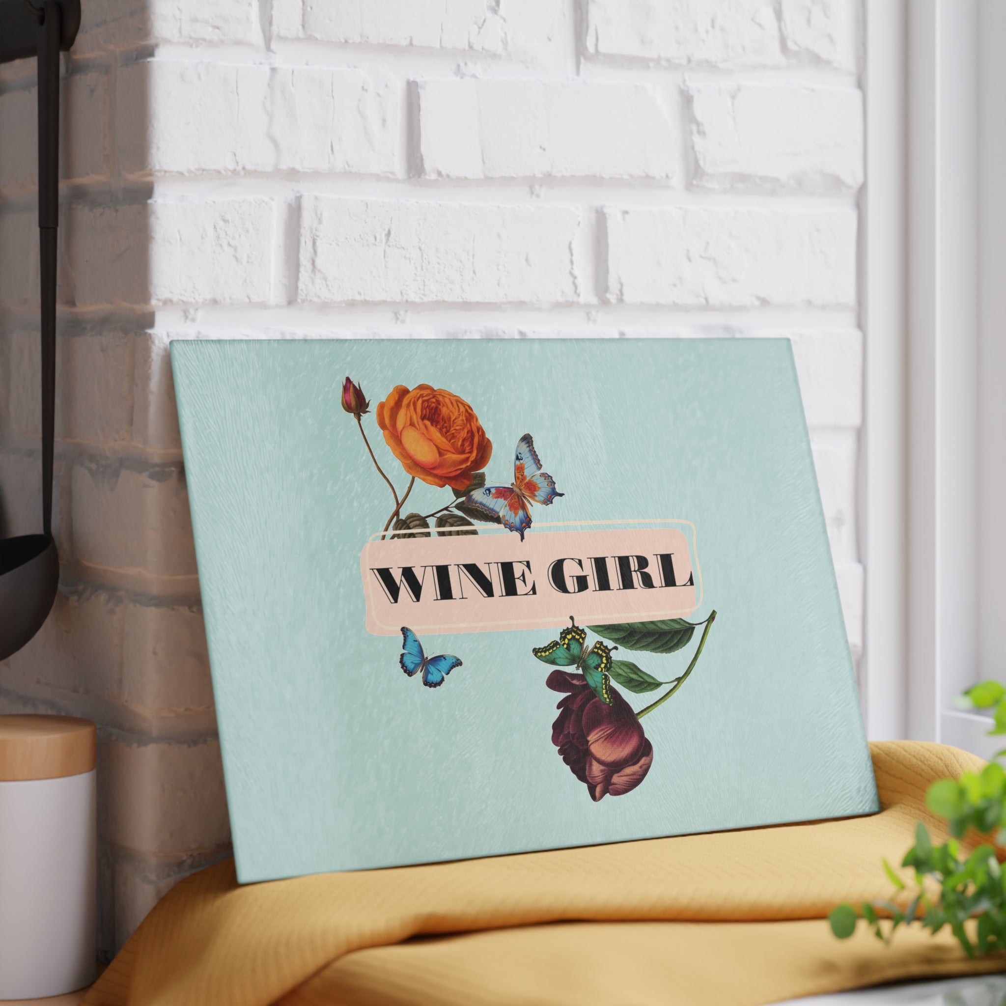 Wine Girl Glass Cutting Board — Floral Butterflies Kitchen Decor