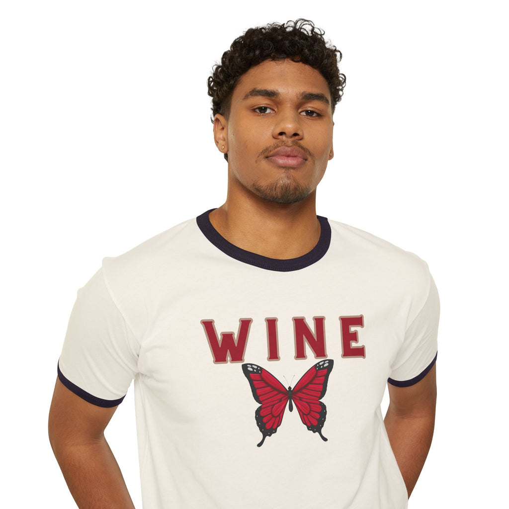 WINE Butterfly Ringer Tee – Retro Wine Lover Graphic