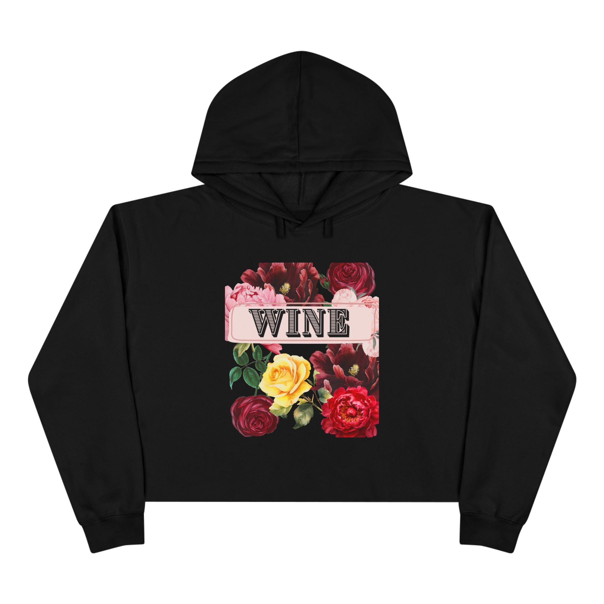 Wine Floral Crop Hoodie — Vintage Rose Wine Graphic Cropped Hoodie
