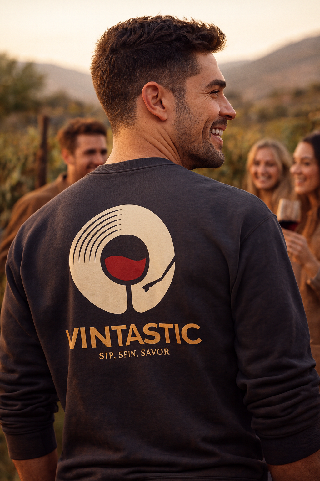 Vintastic Crewneck Sweatshirt — 'Sip Spin Savor' Wine Lover Pullover