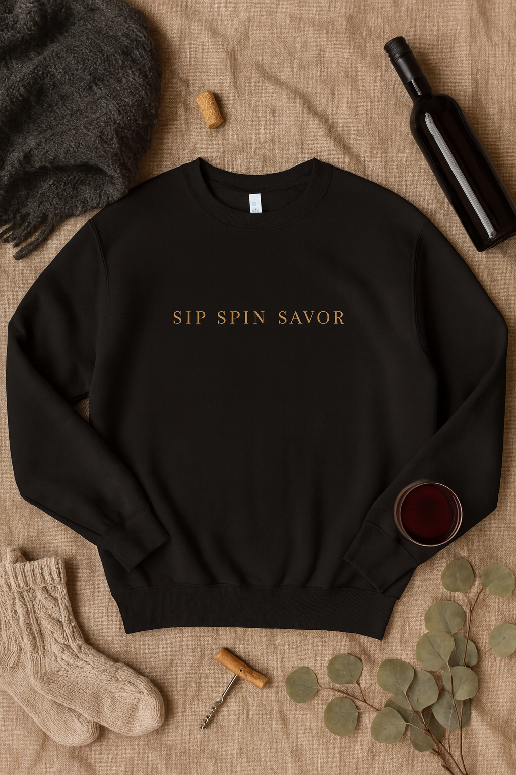 Vintastic Crewneck Sweatshirt — 'Sip Spin Savor' Wine Lover Pullover