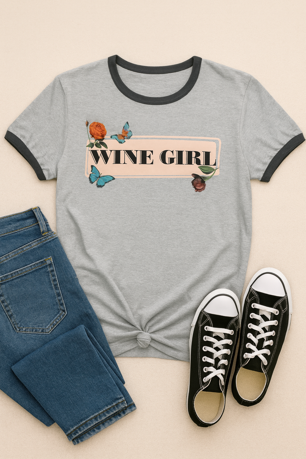 Wine Girl Ringer T-Shirt — Floral Butterfly Retro Vibe