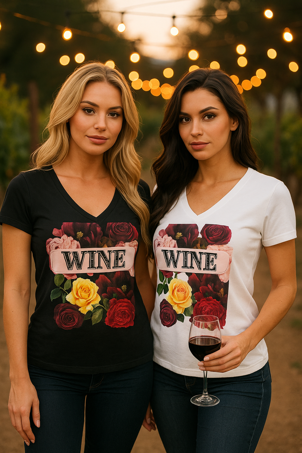 Wine Themed Floral V-Neck Tee for Wine Lovers