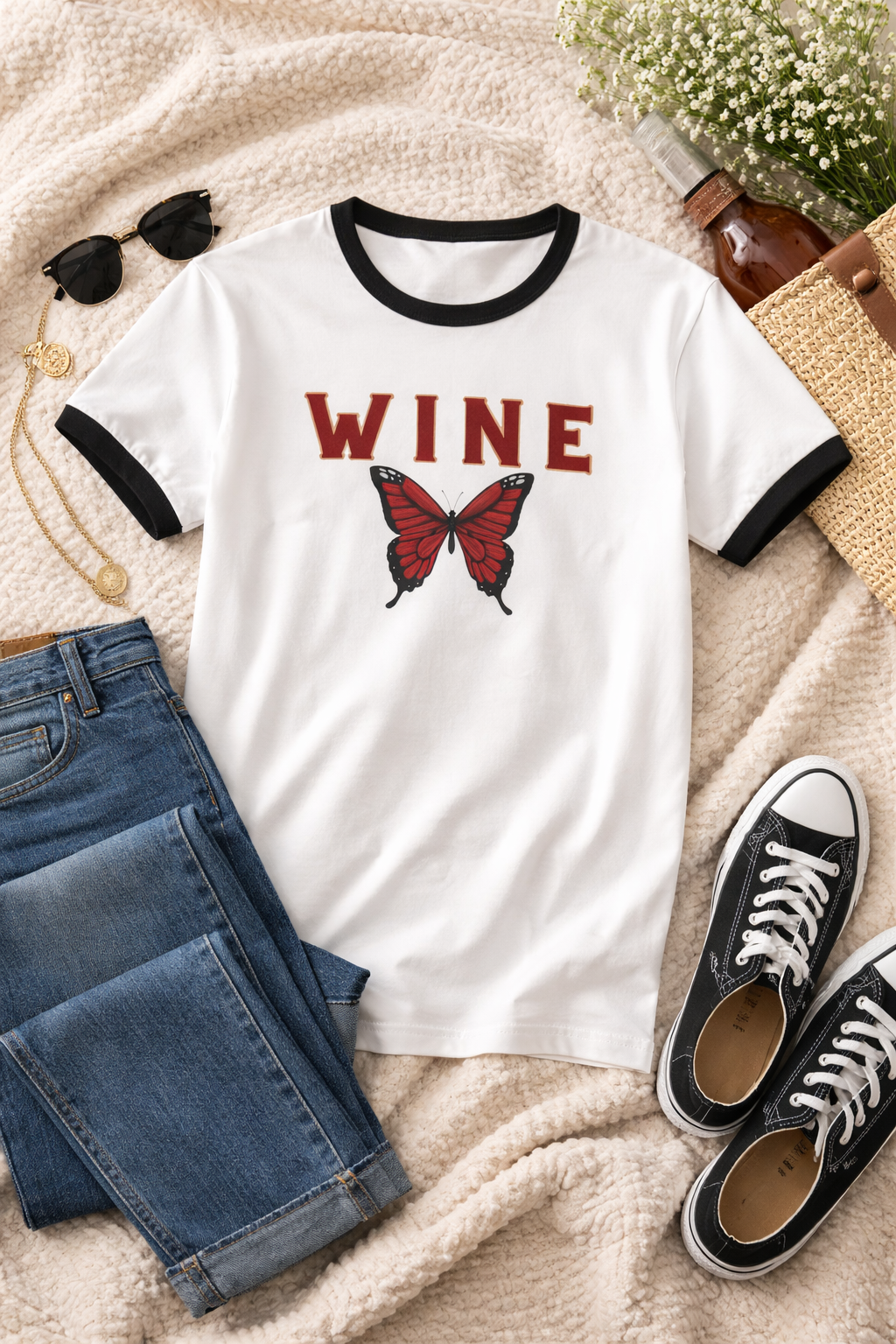 WINE Butterfly Ringer Tee – Retro Wine Lover Graphic
