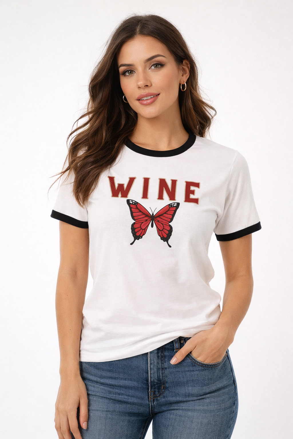 WINE Butterfly Ringer Tee – Retro Wine Lover Graphic