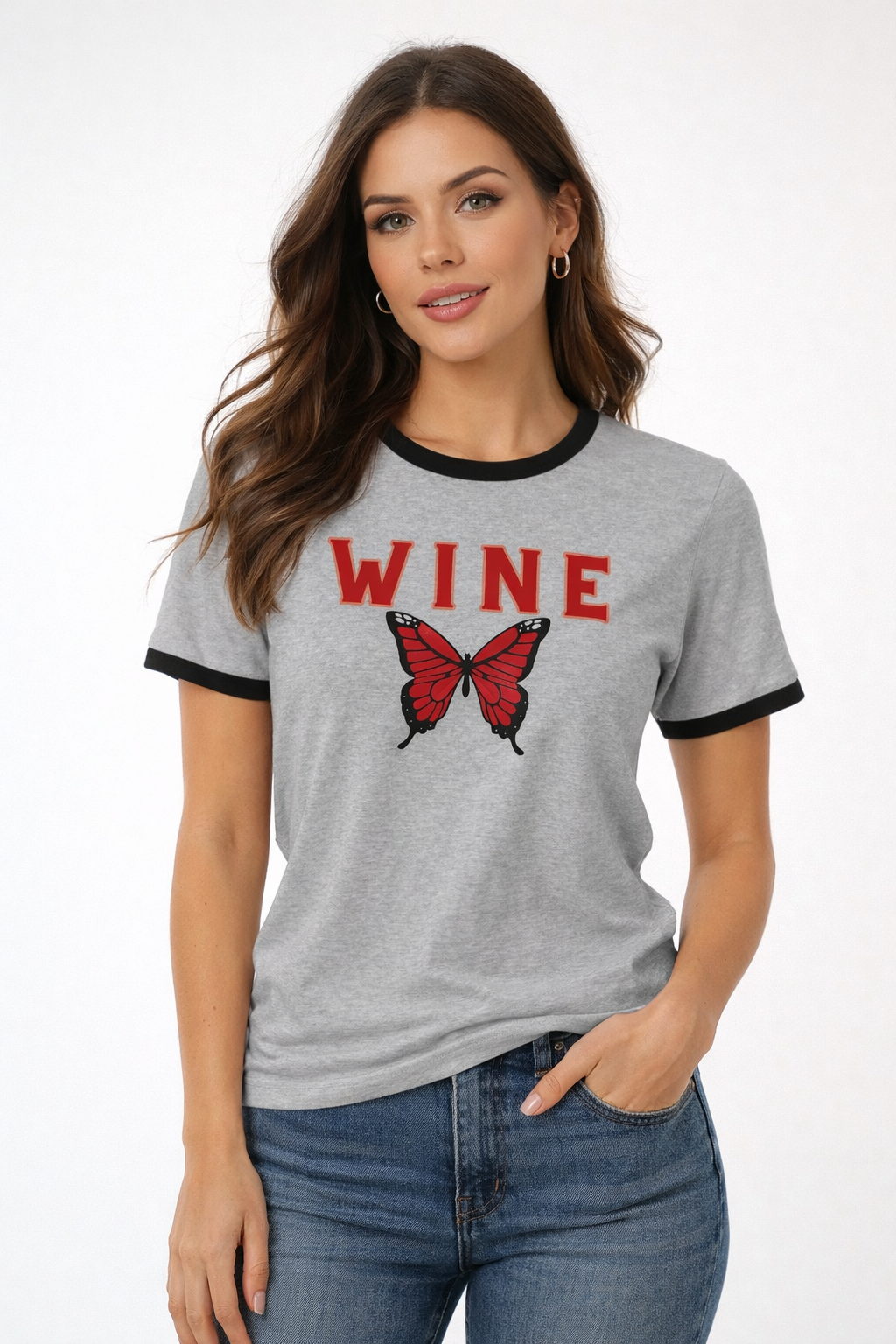 WINE Butterfly Ringer Tee – Retro Wine Lover Graphic