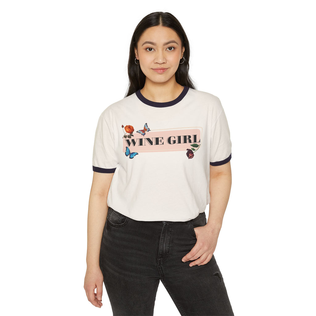 Wine Girl Ringer T-Shirt — Floral Butterfly Retro Vibe