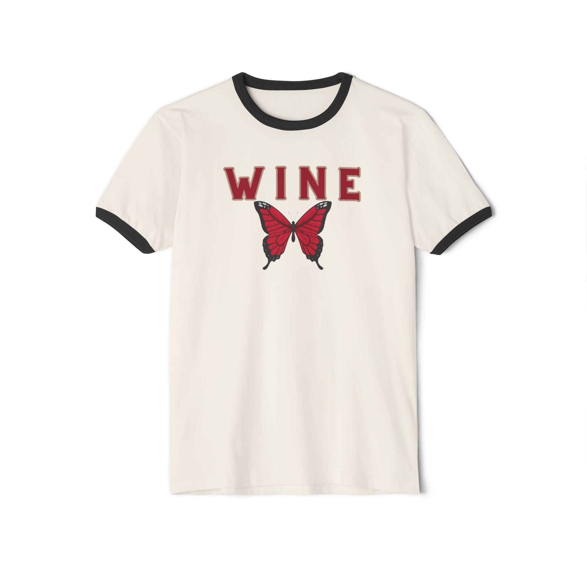 WINE Butterfly Ringer Tee – Retro Wine Lover Graphic