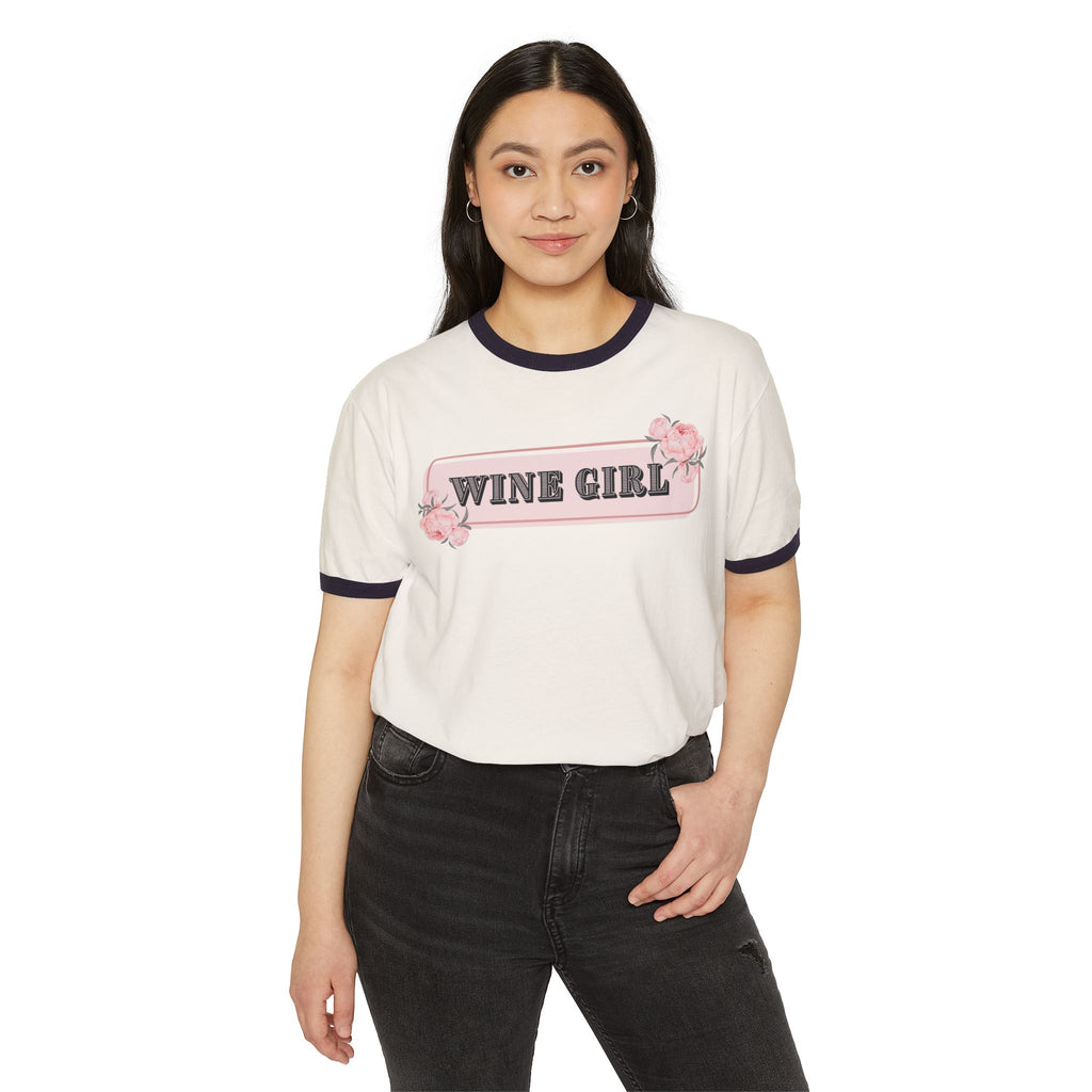 Wine Girl Retro Unisex Cotton Ringer T-Shirt