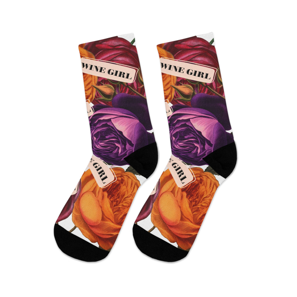 Wine Girl Floral Socks — Colorful Rose Pattern Recycled-Poly Crew Socks