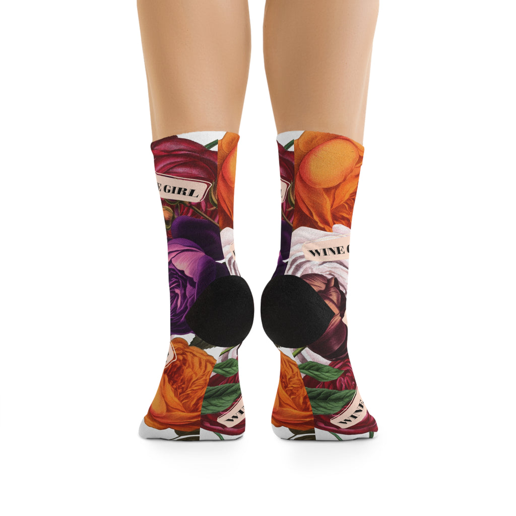 Wine Girl Floral Socks — Colorful Rose Pattern Recycled-Poly Crew Socks