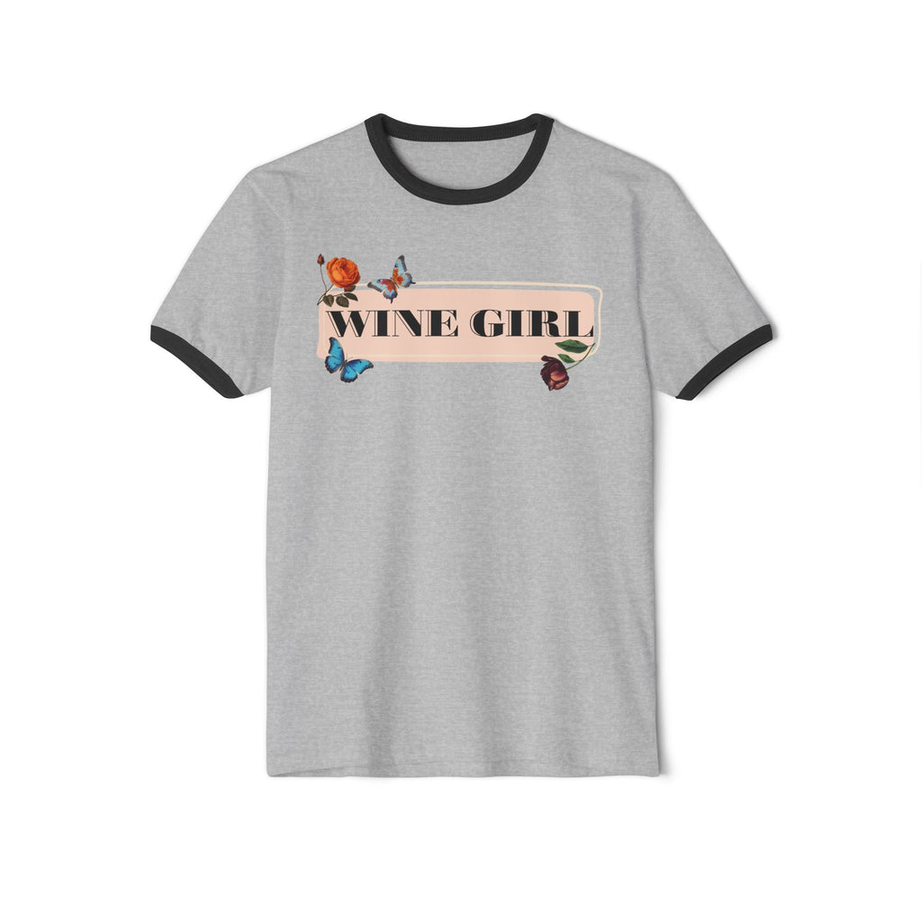 Wine Girl Ringer T-Shirt — Floral Butterfly Retro Vibe