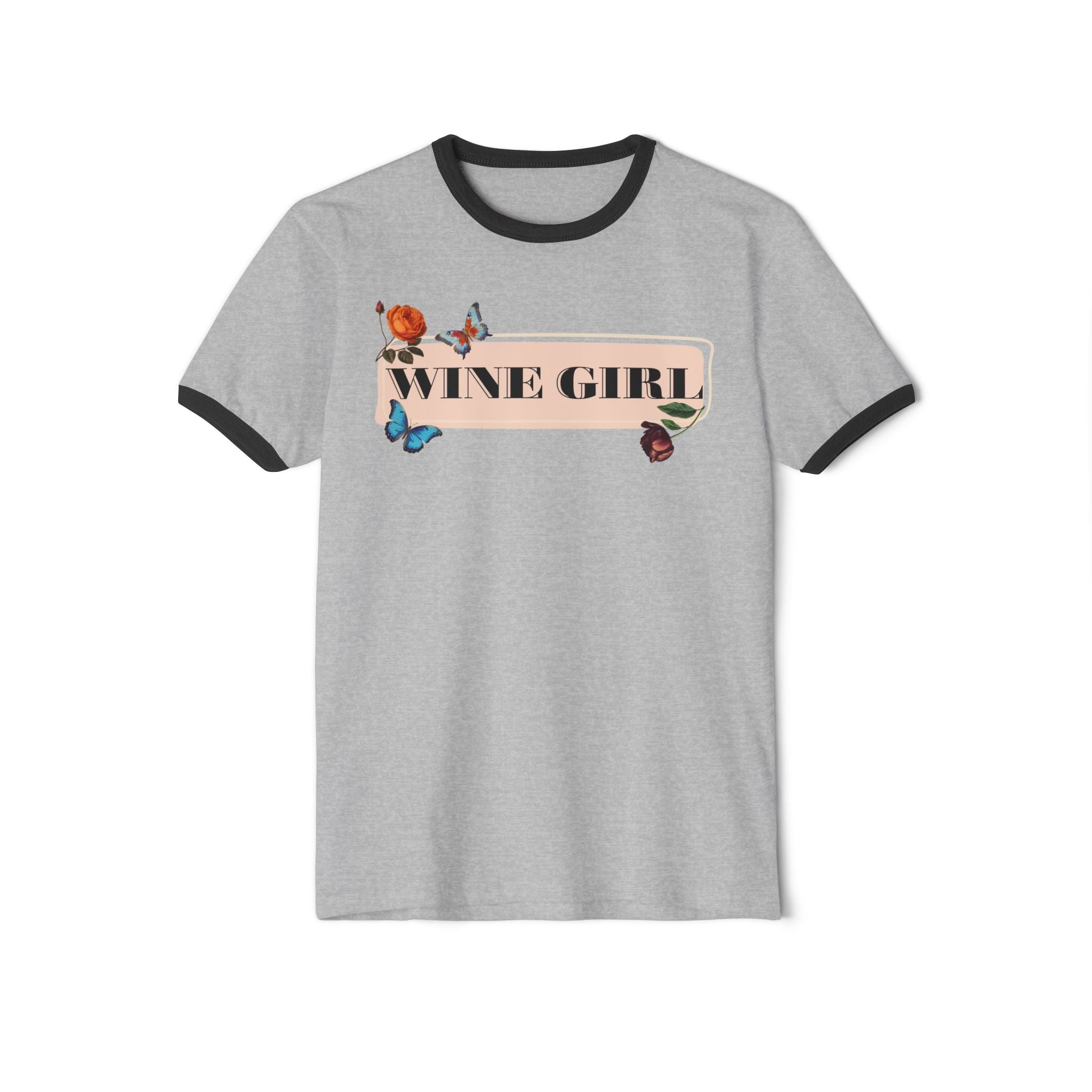 Wine Girl Ringer T-Shirt — Floral Butterfly Retro Vibe