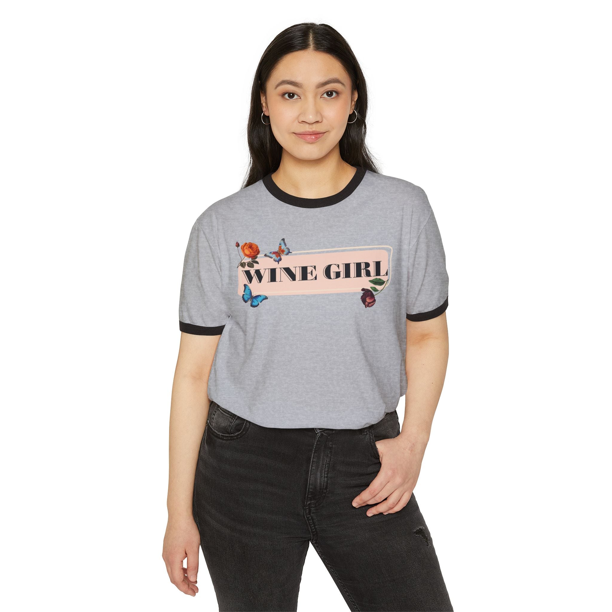 Wine Girl Ringer T-Shirt — Floral Butterfly Retro Vibe