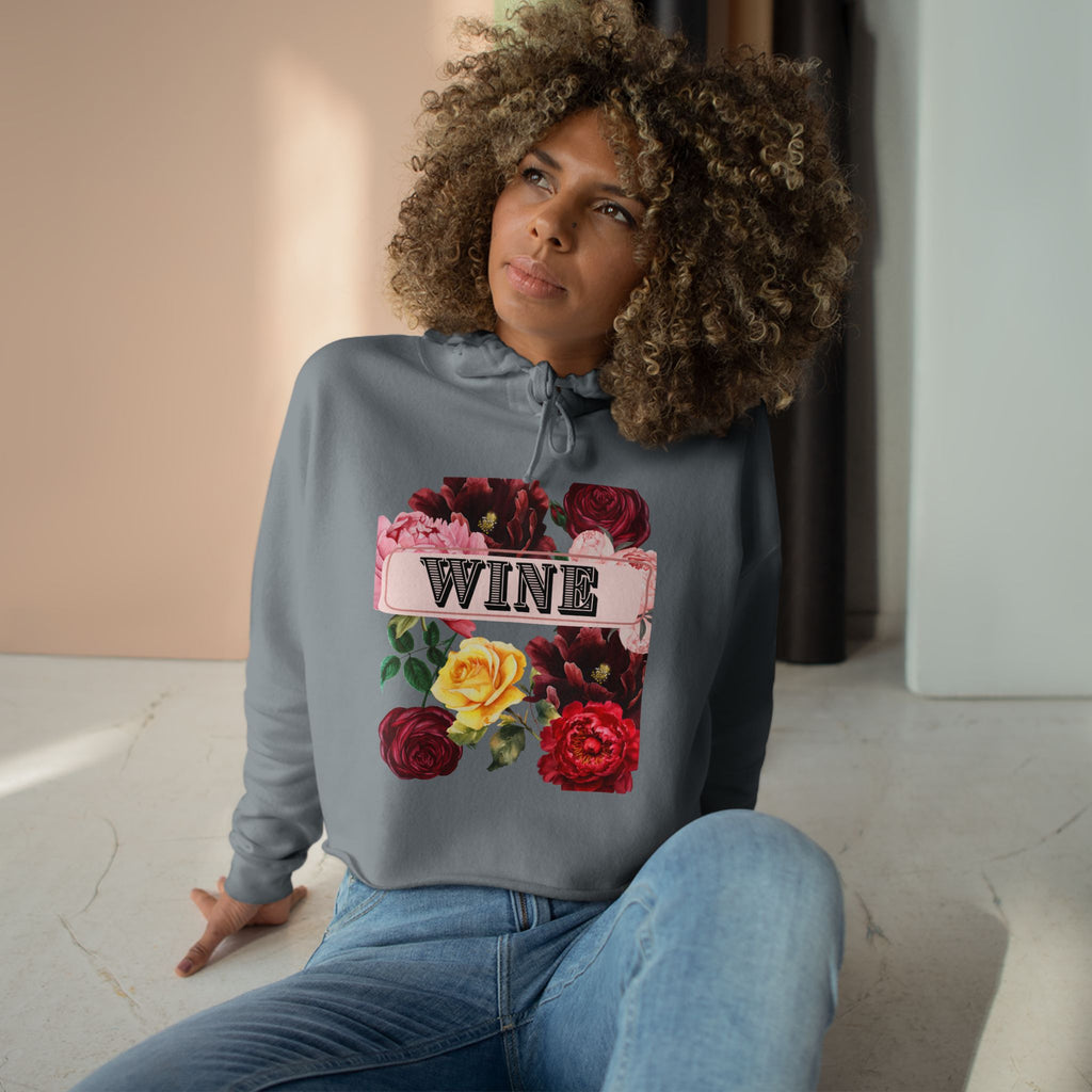 Wine Floral Crop Hoodie — Vintage Rose Wine Graphic Cropped Hoodie