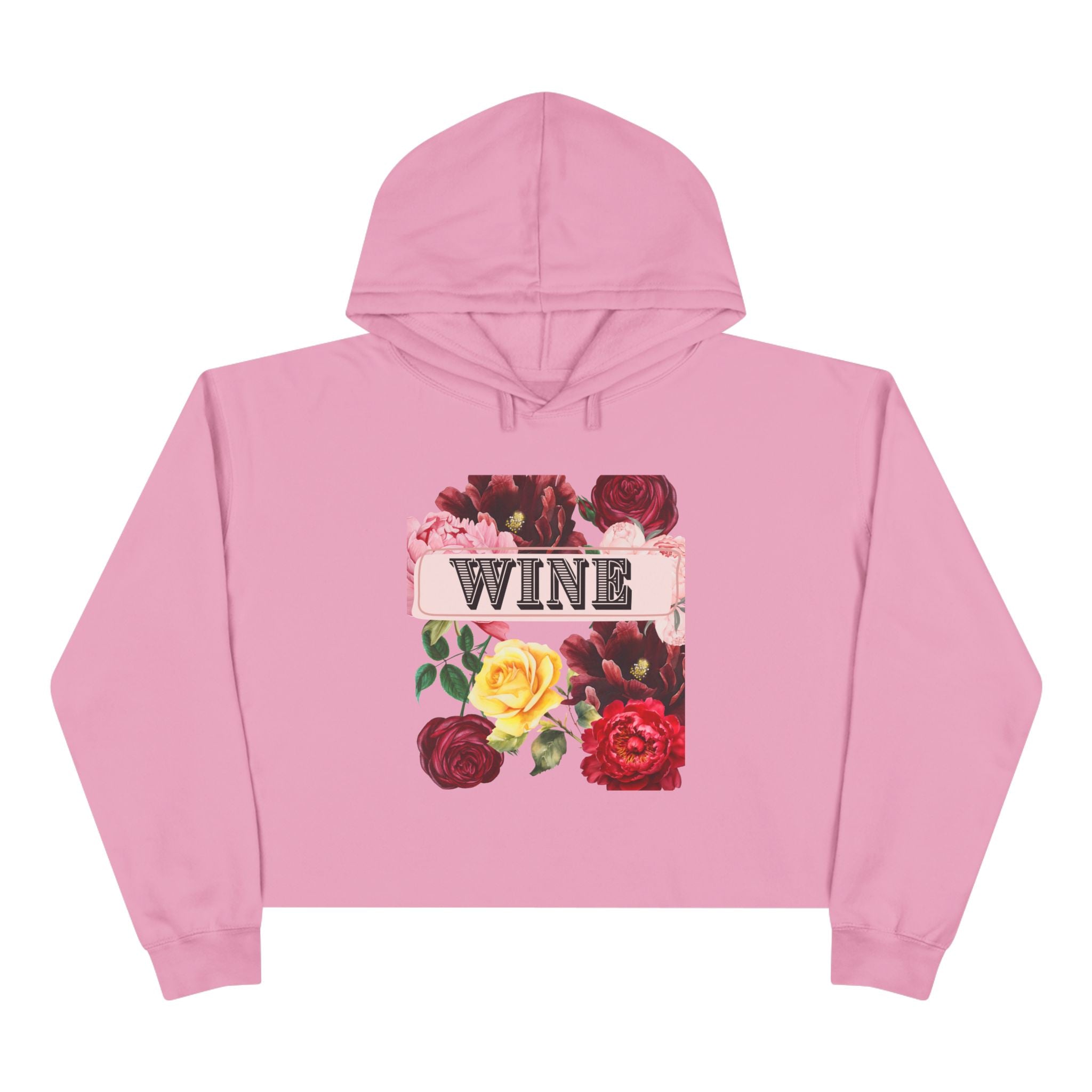 Wine Floral Crop Hoodie — Vintage Rose Wine Graphic Cropped Hoodie