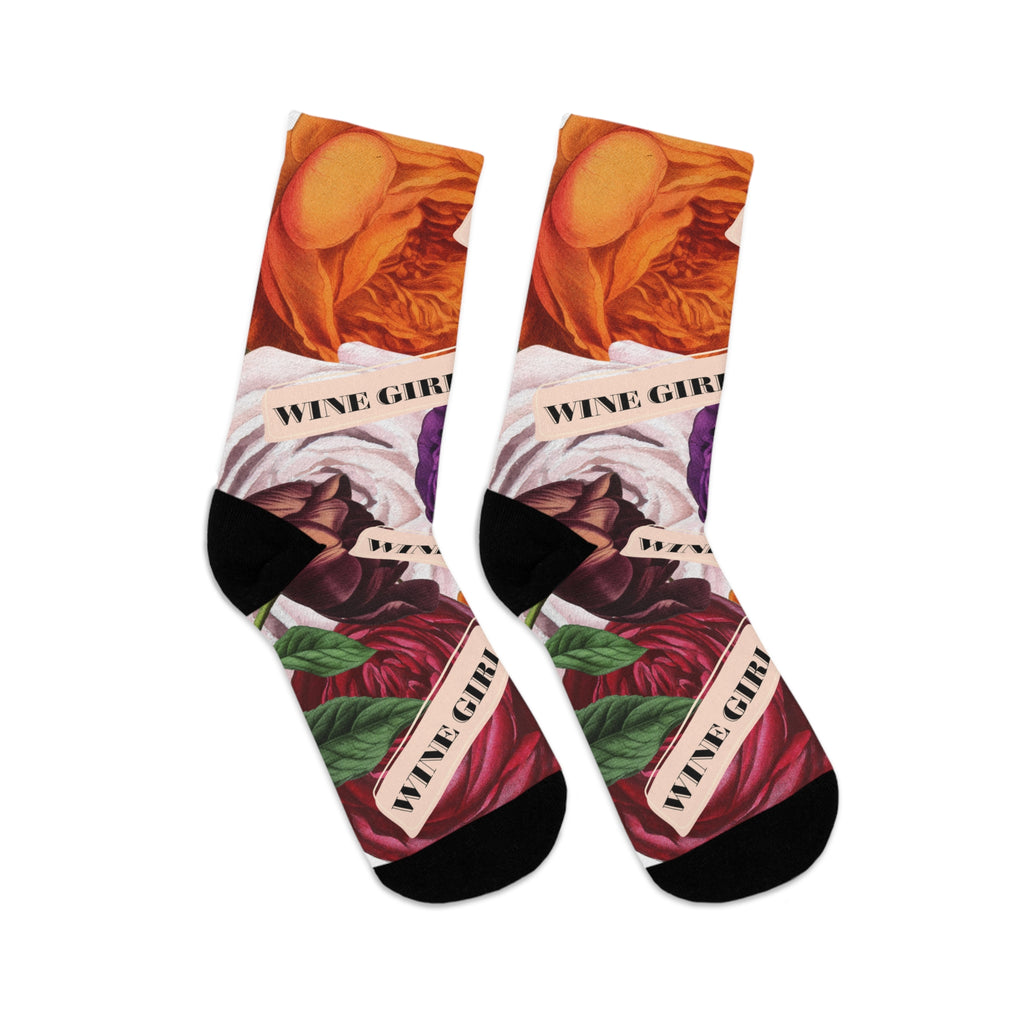 Wine Girl Floral Socks — Colorful Rose Pattern Recycled-Poly Crew Socks