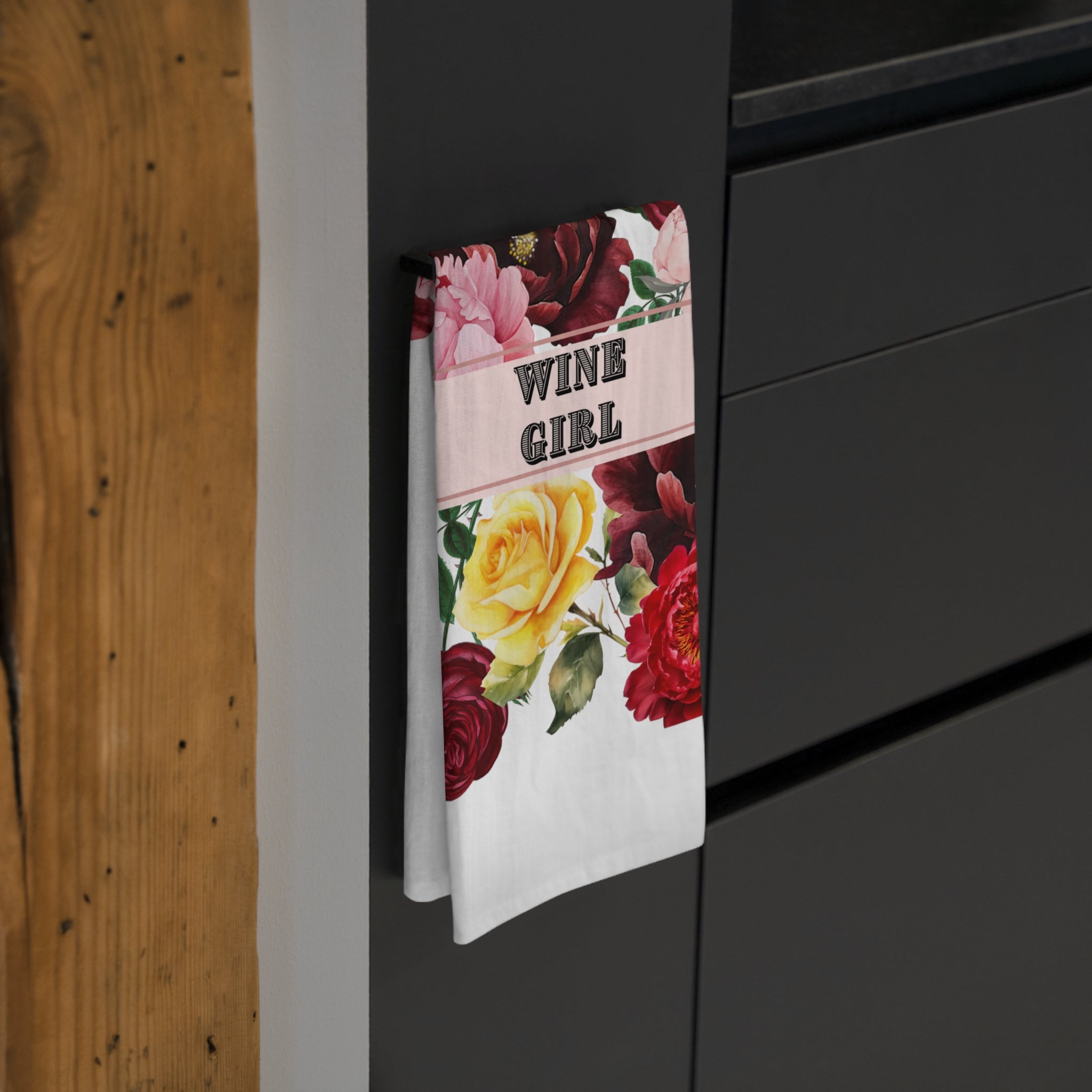 Wine Girl Floral Tea Towel — Decorative Kitchen Towel for Wine Lovers