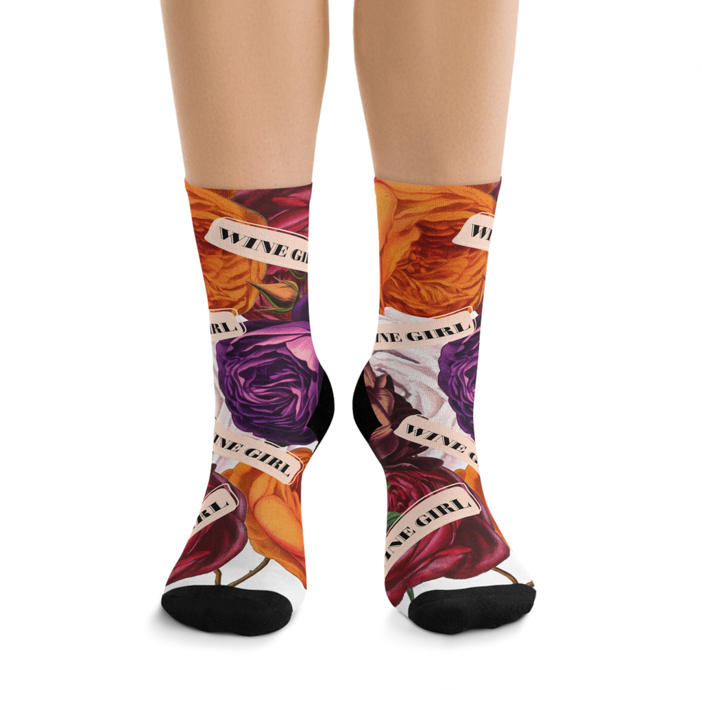Wine Girl Floral Socks — Colorful Rose Pattern Recycled-Poly Crew Socks