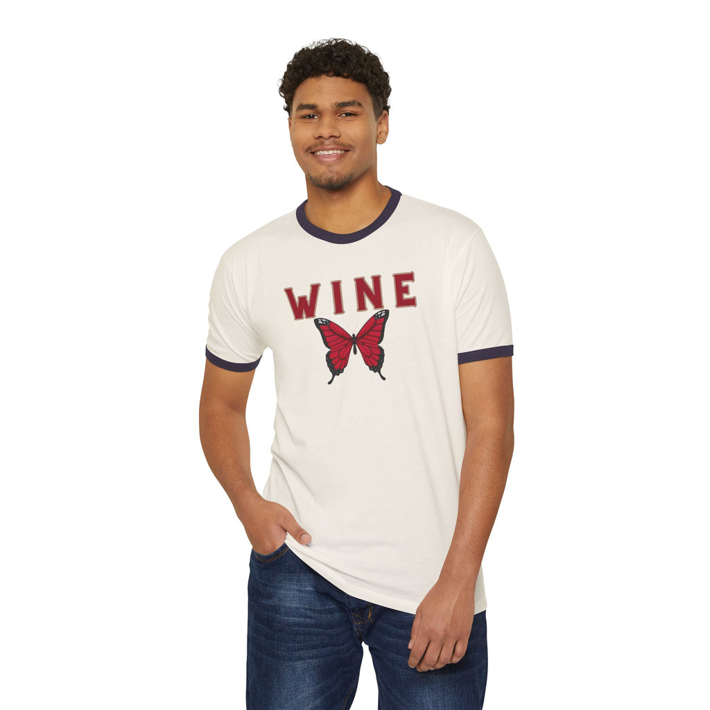 WINE Butterfly Ringer Tee – Retro Wine Lover Graphic