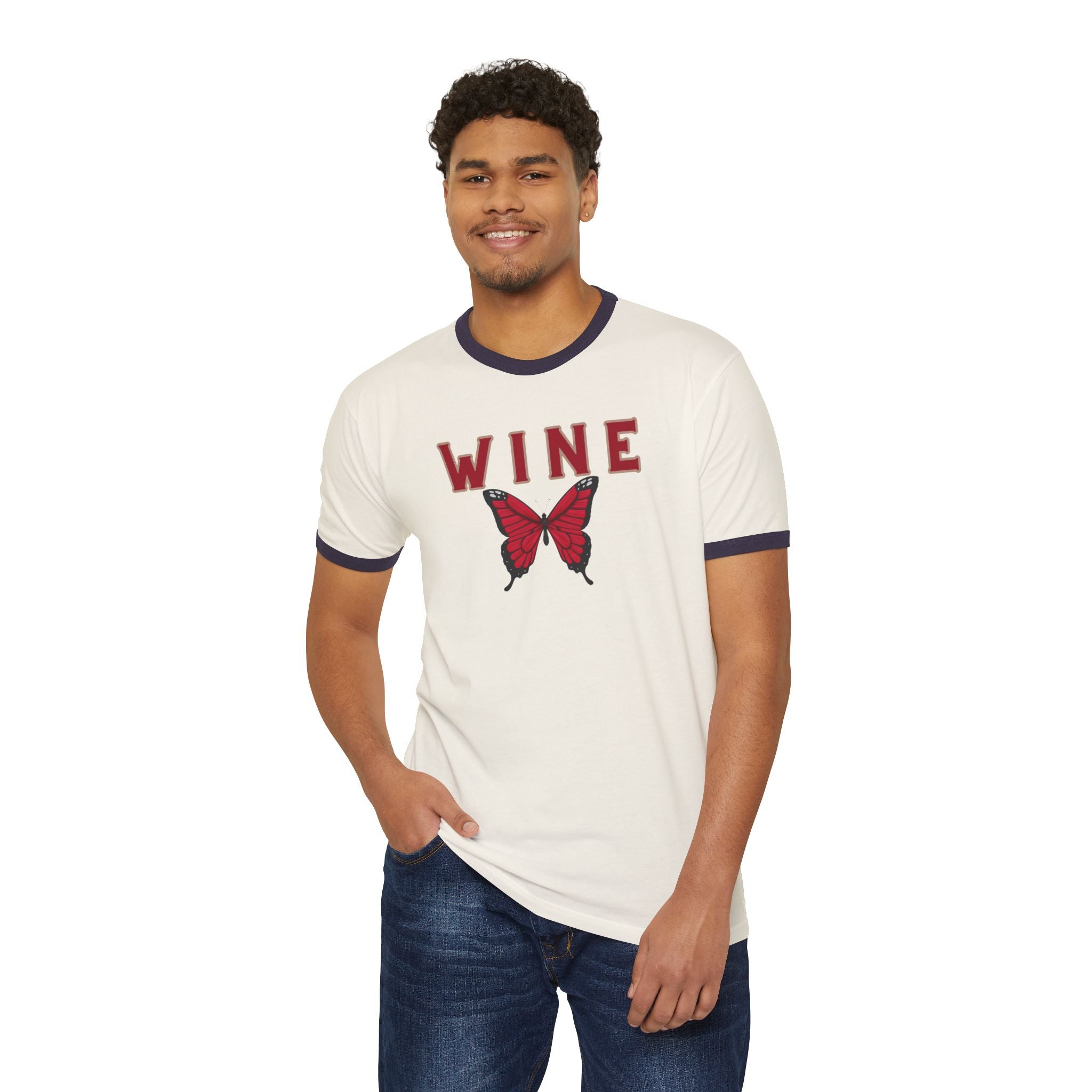 WINE Butterfly Ringer Tee – Retro Wine Lover Graphic