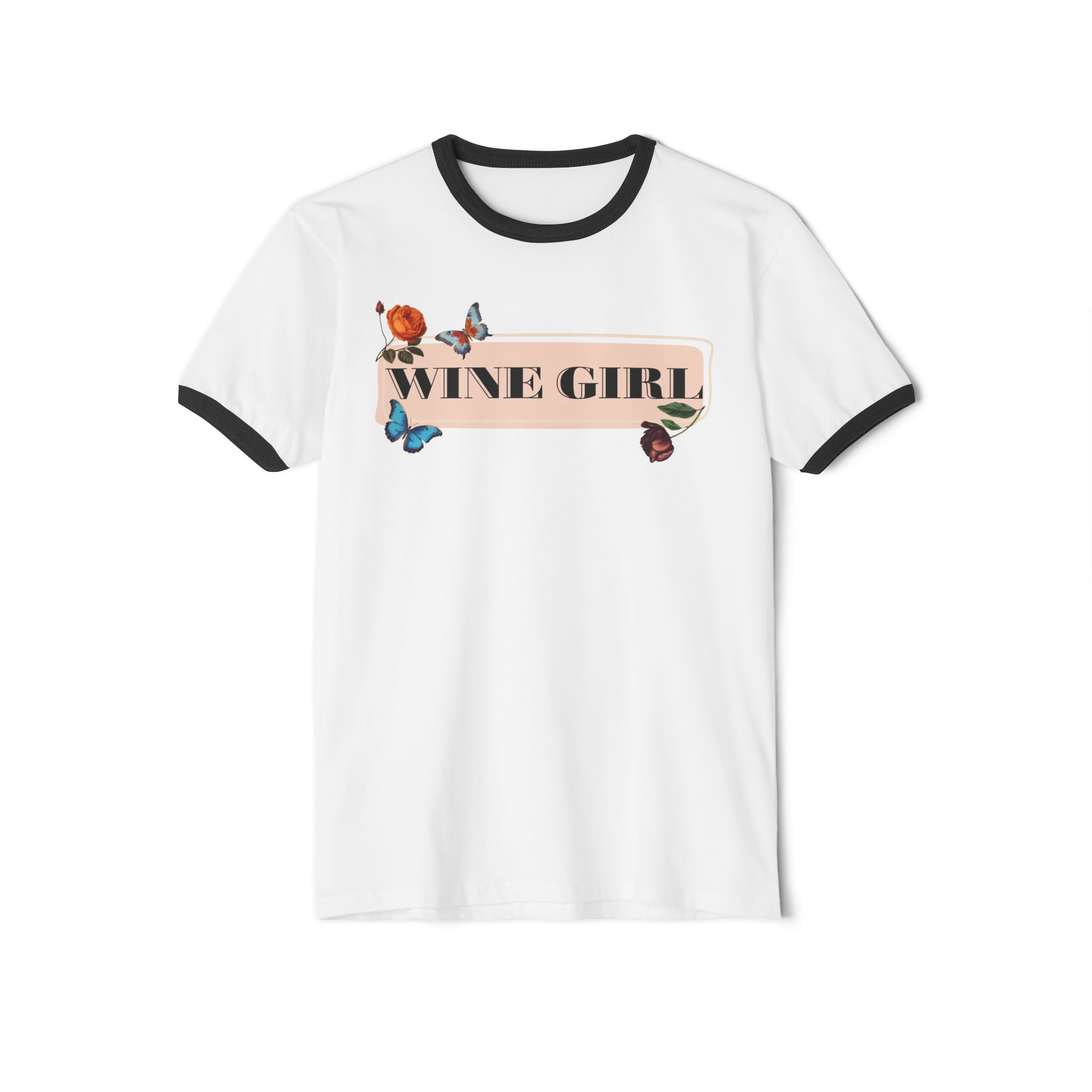 Wine Girl Ringer T-Shirt — Floral Butterfly Retro Vibe