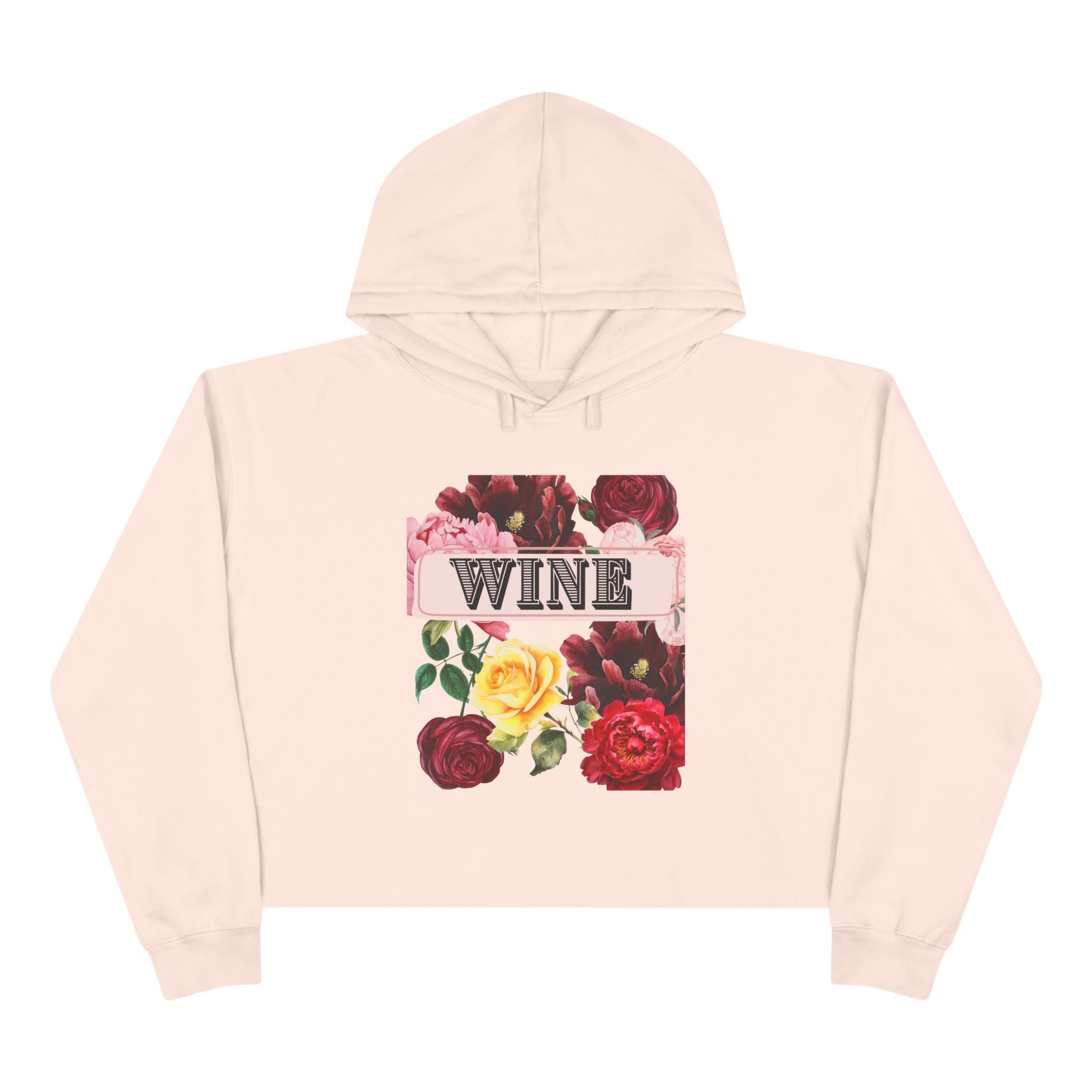 Wine Floral Crop Hoodie — Vintage Rose Wine Graphic Cropped Hoodie