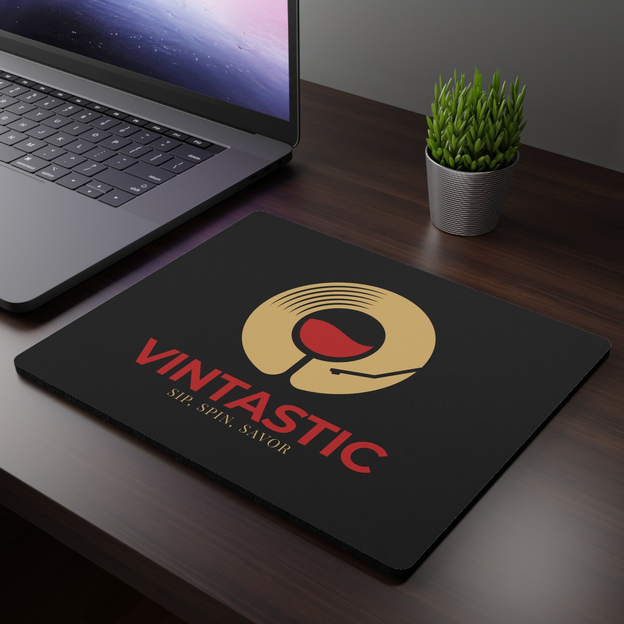 Vintastic Mouse Pad — Retro Vinyl Wine Logo, 'Sip, Spin, Savor' Desk Mat