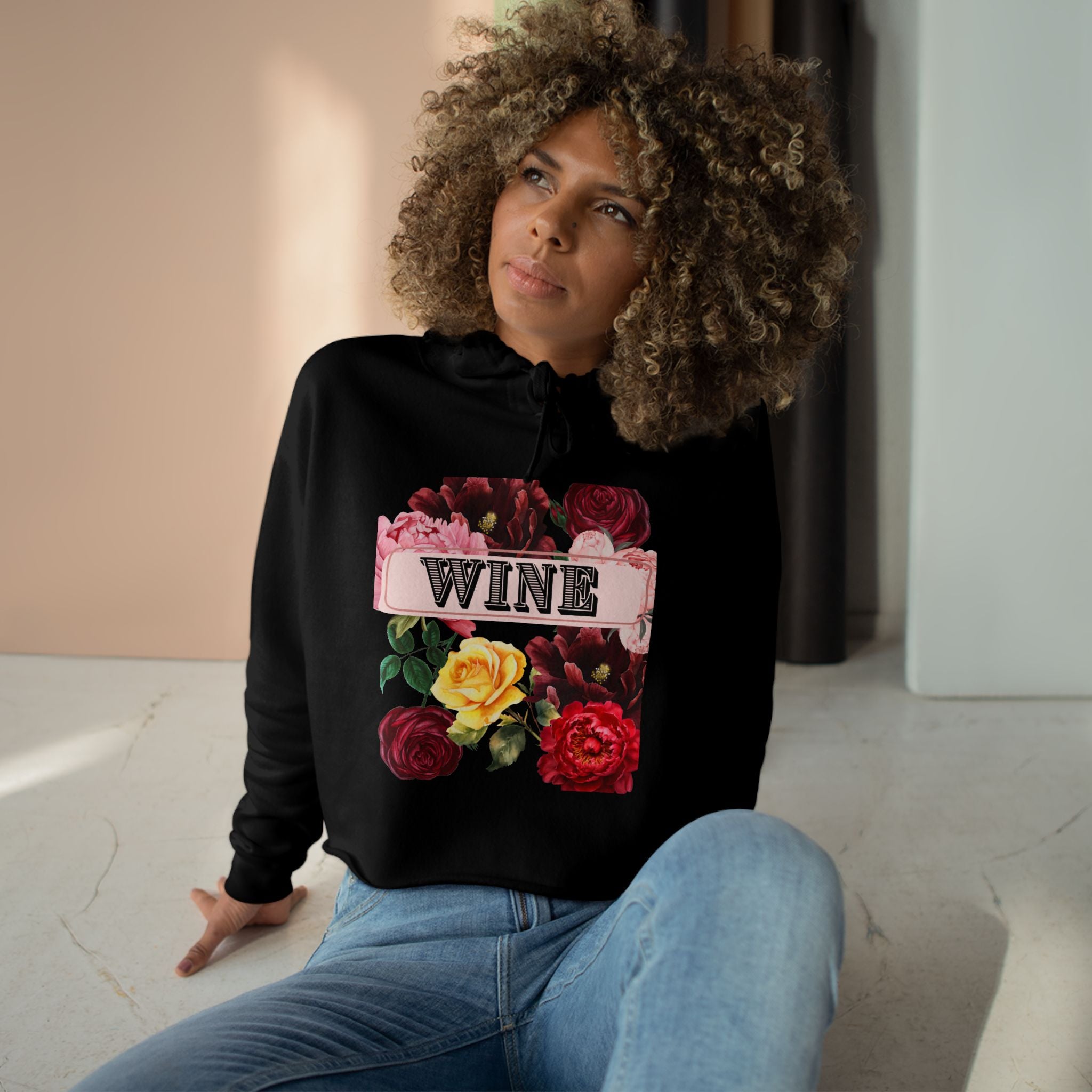Wine Floral Crop Hoodie — Vintage Rose Wine Graphic Cropped Hoodie