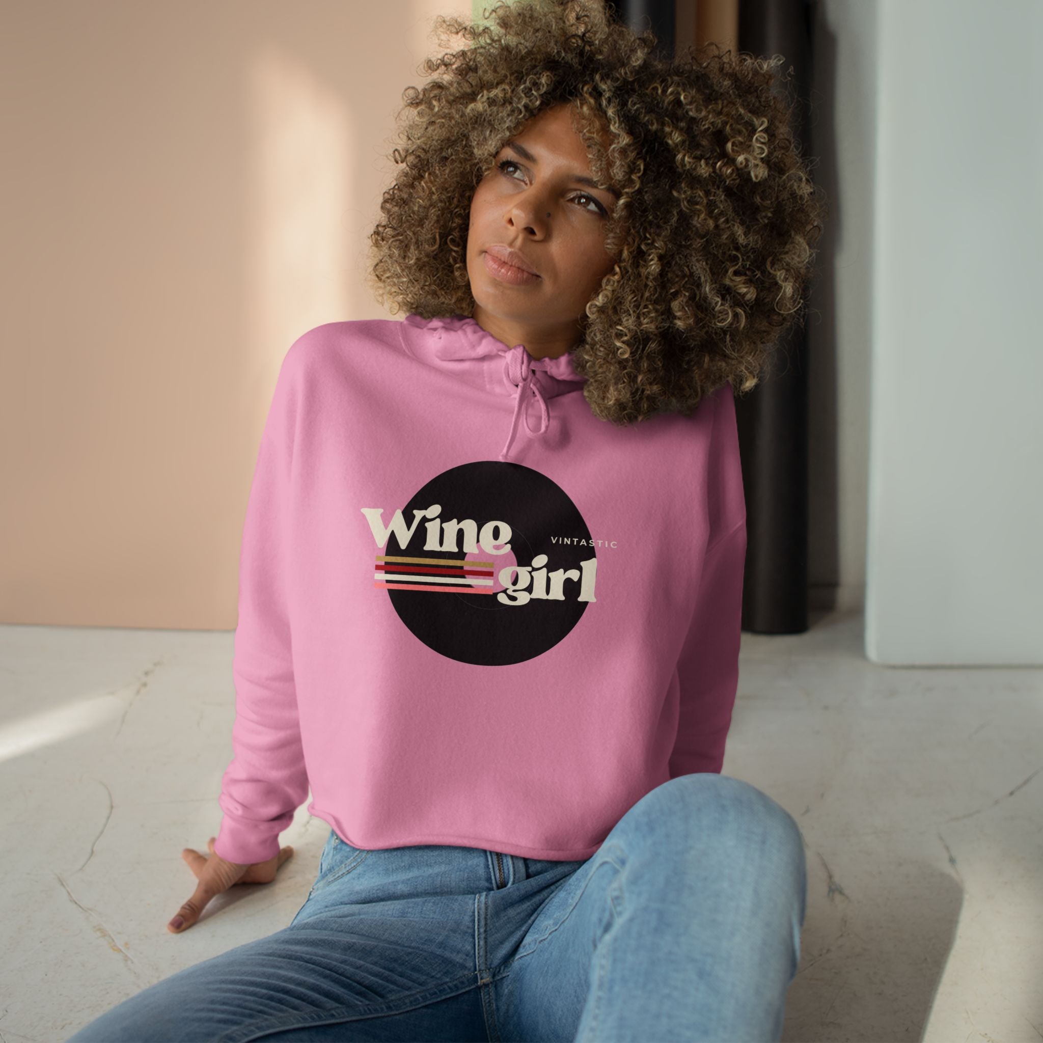 Wine Girl Vintastic Crop Hoodie — White Logo Cropped Pullover