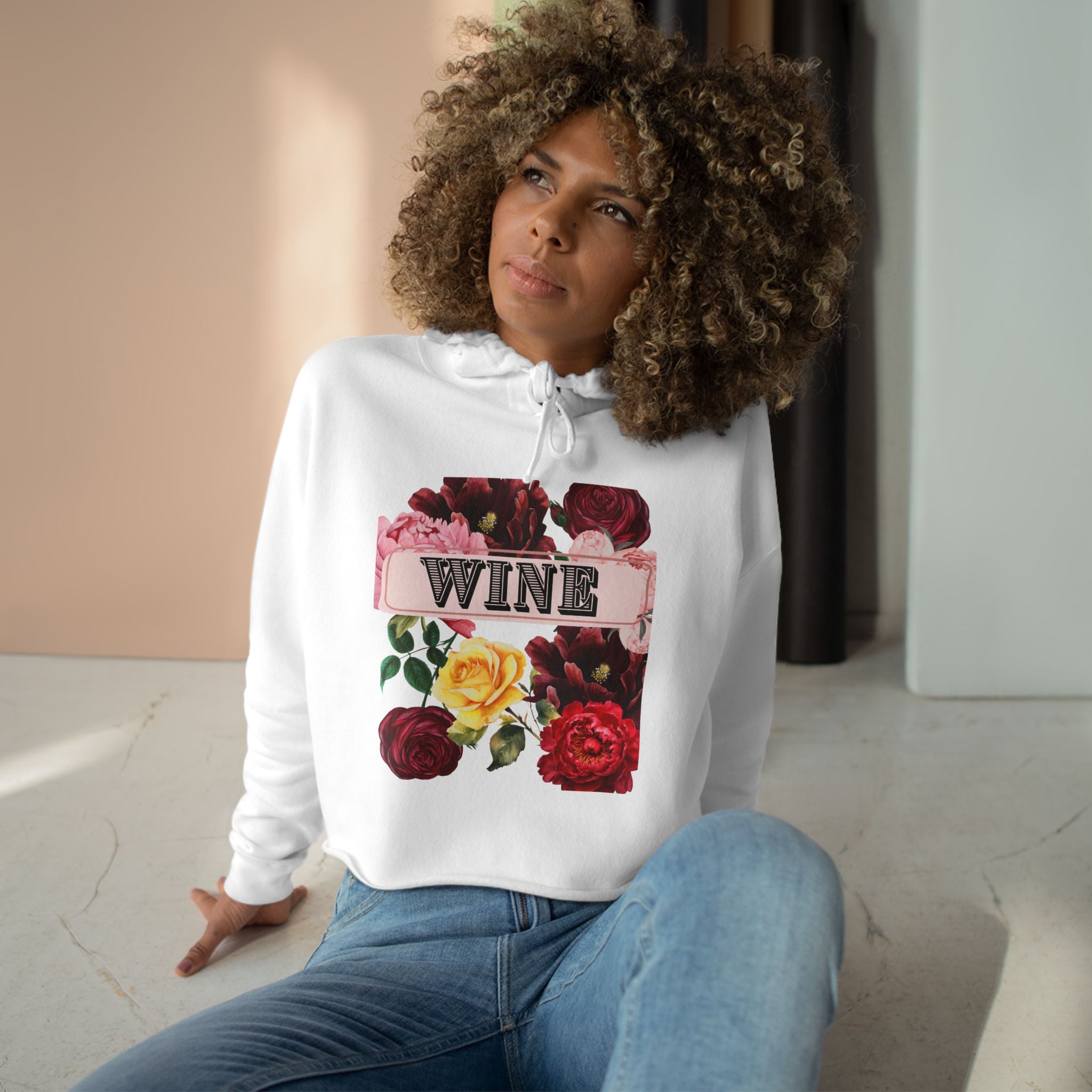 Wine Floral Crop Hoodie — Vintage Rose Wine Graphic Cropped Hoodie