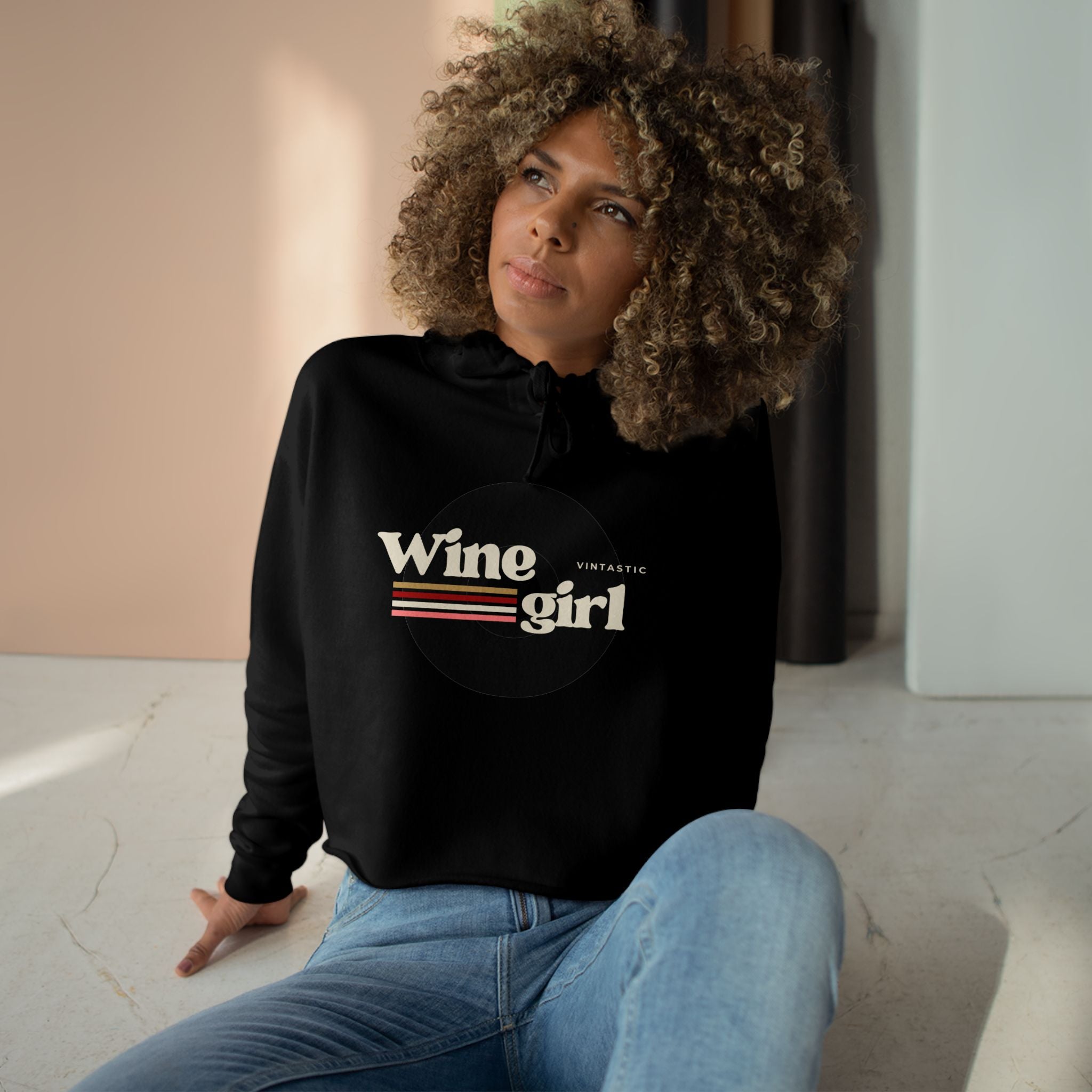 Wine Girl Vintastic Crop Hoodie — White Logo Cropped Pullover
