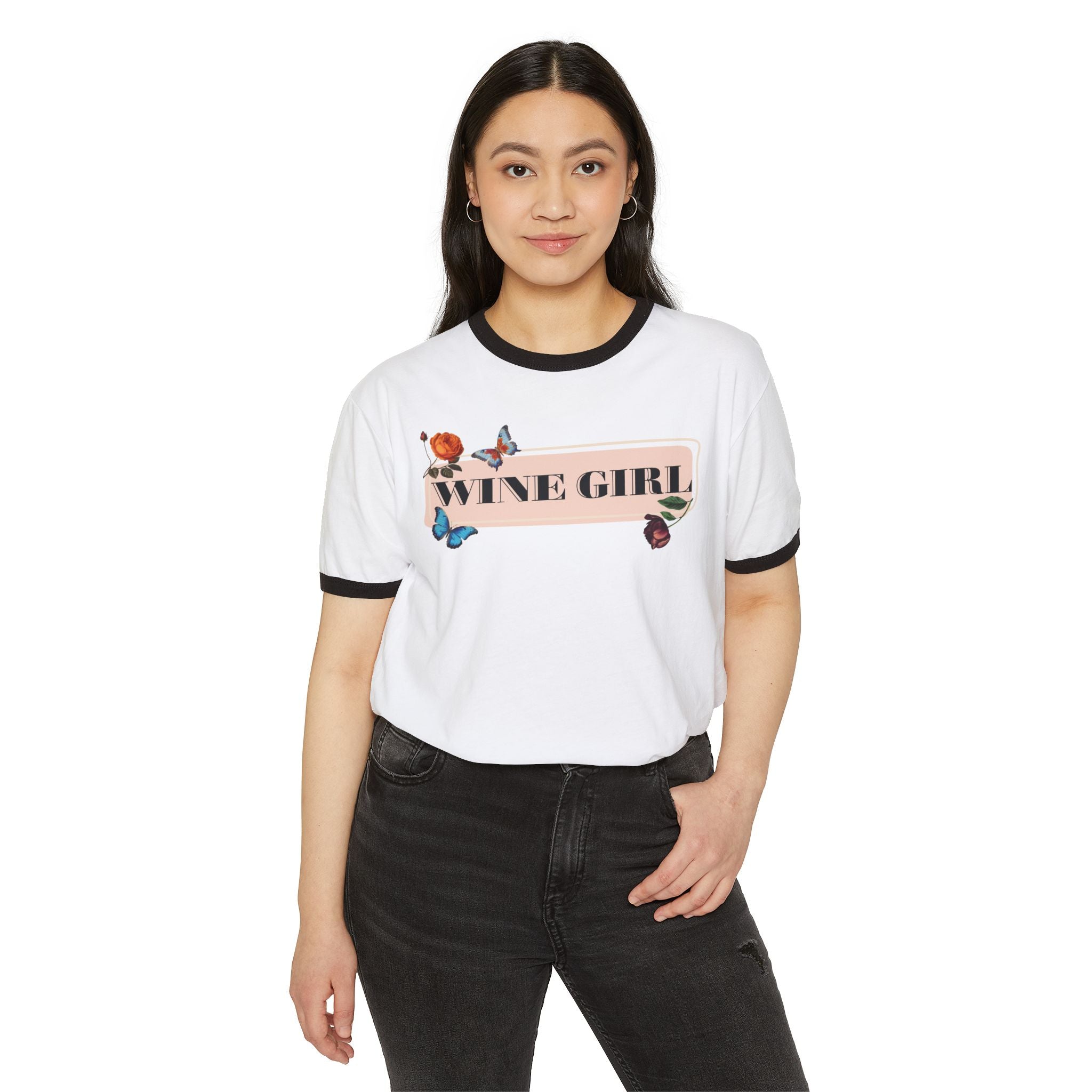 Wine Girl Ringer T-Shirt — Floral Butterfly Retro Vibe