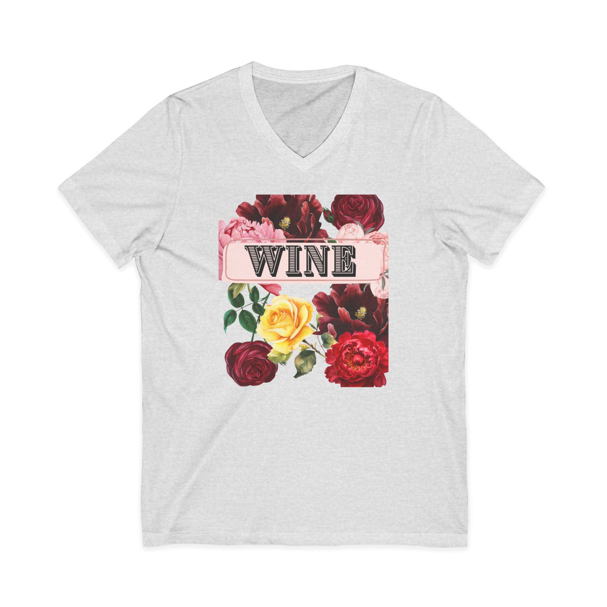 Wine Themed Floral V-Neck Tee for Wine Lovers
