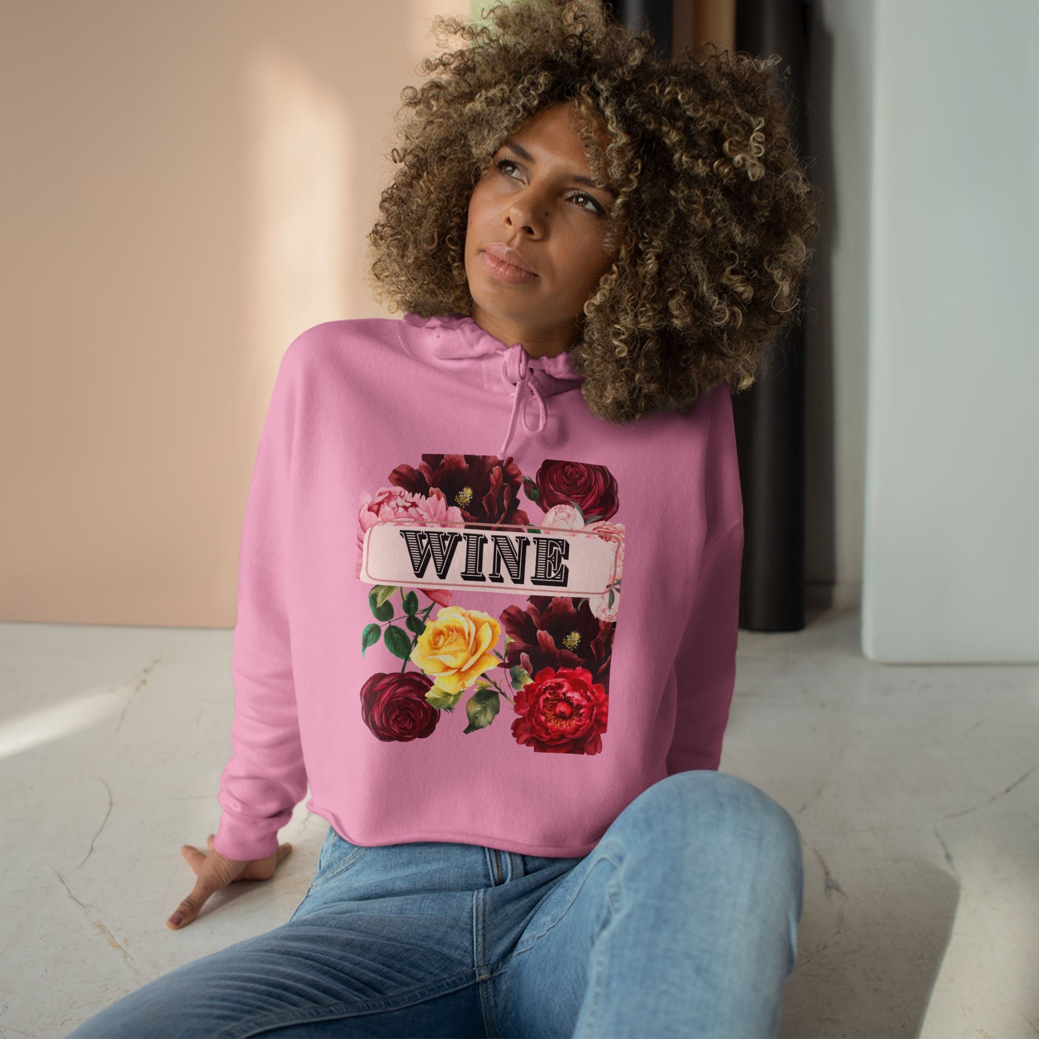 Wine Floral Crop Hoodie — Vintage Rose Wine Graphic Cropped Hoodie