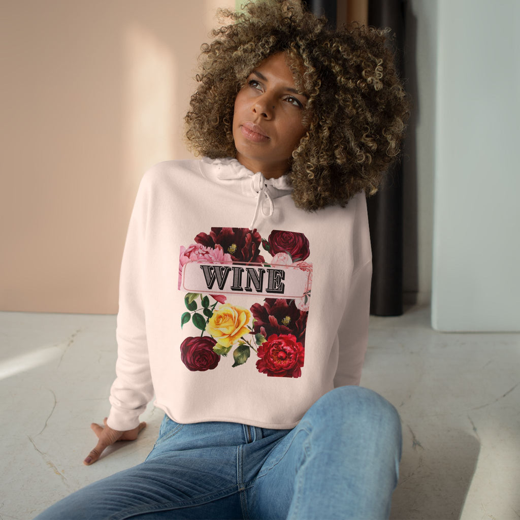 Wine Floral Crop Hoodie — Vintage Rose Wine Graphic Cropped Hoodie