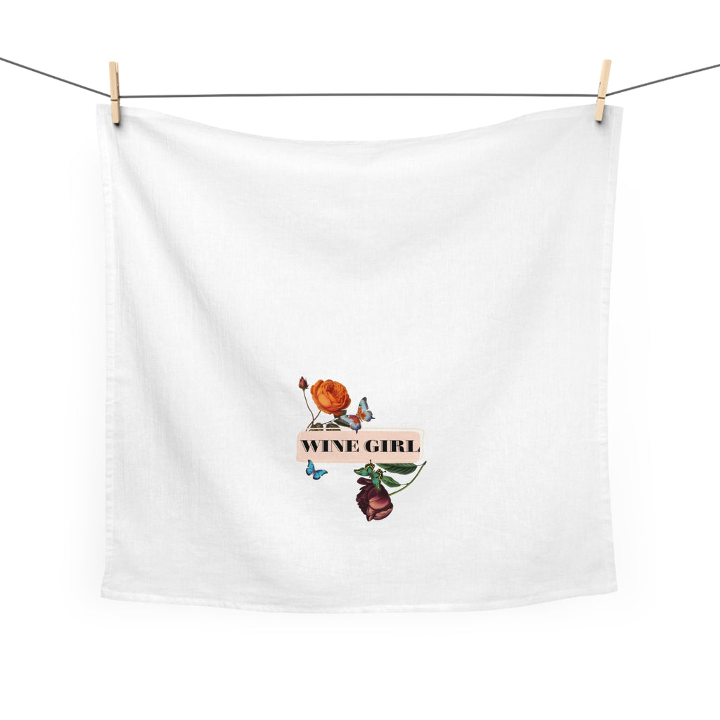 Wine Girl Floral Tea Towel — Decorative Kitchen Towel with Roses & Butterflies